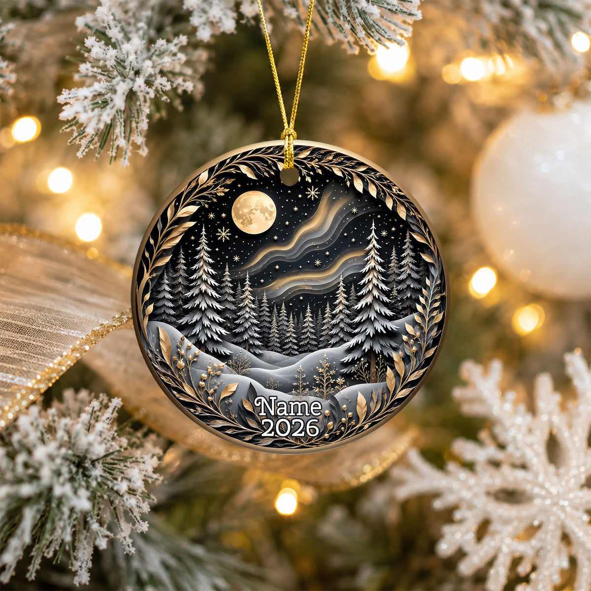 Christmas Tree Ornament 2026, Winter Forest Scence Ornament, Gold Black Christmas Decor, Holiday Keepsake Gift for Family and Friends
