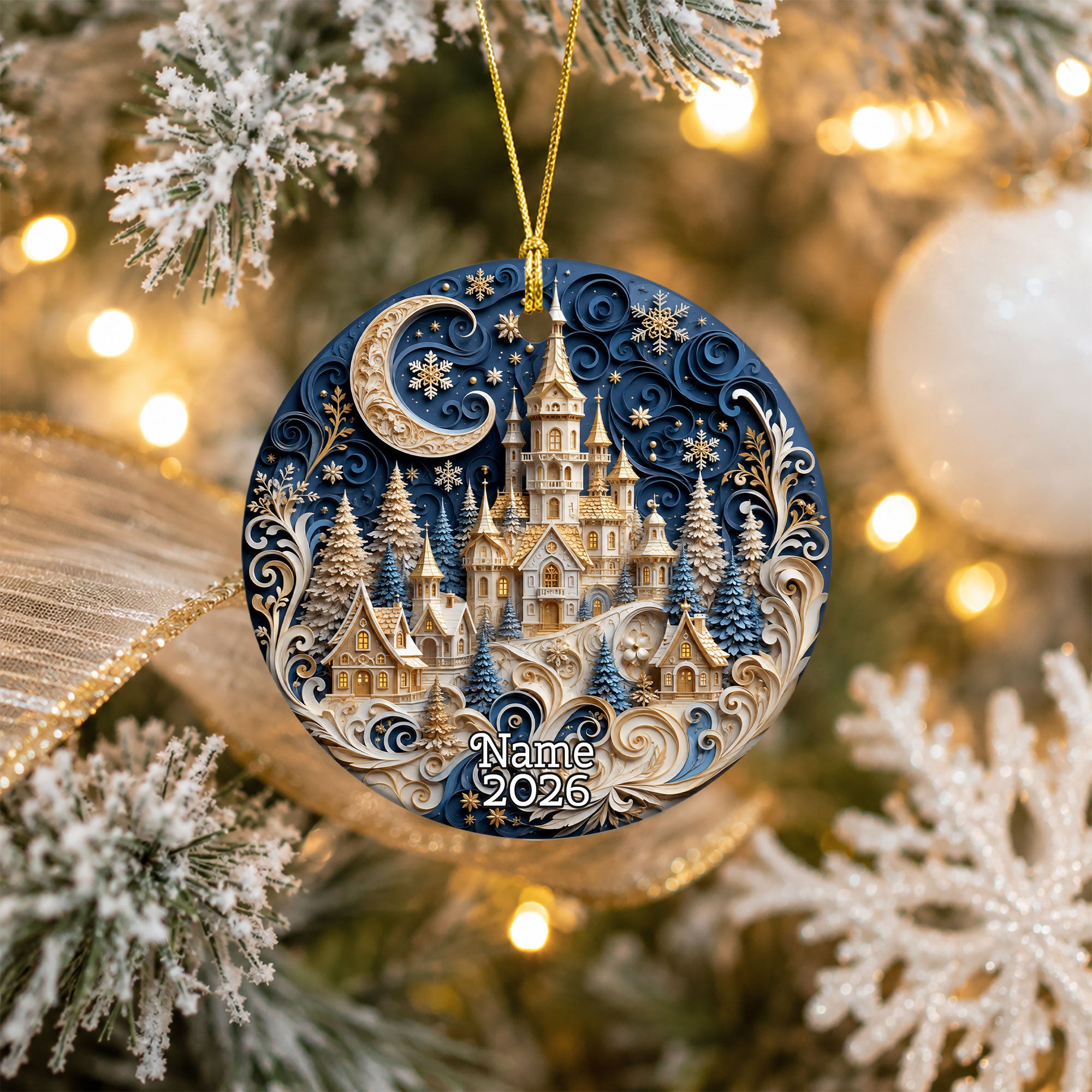 Blue Christmas Castle Ornament 2026, Winter Castle Christmas Ornament, Snowy Village Tree Decor, Holiday Keepsake Gift