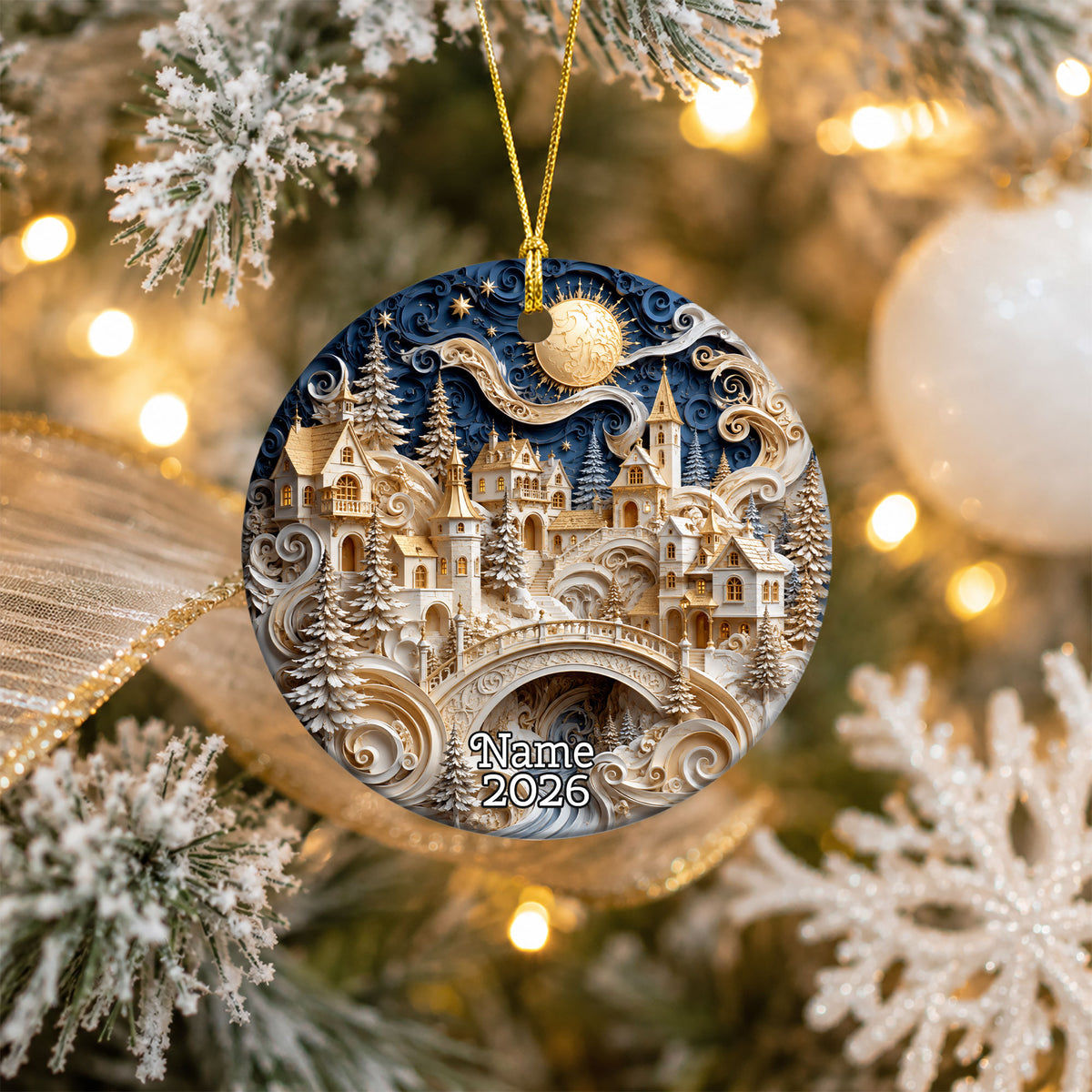 Winter Castle Christmas Ornament 2026, Blue and White Christmas Tree Ornament, Snowy Holiday Village Decor, Festive Keepsake Gift for Family