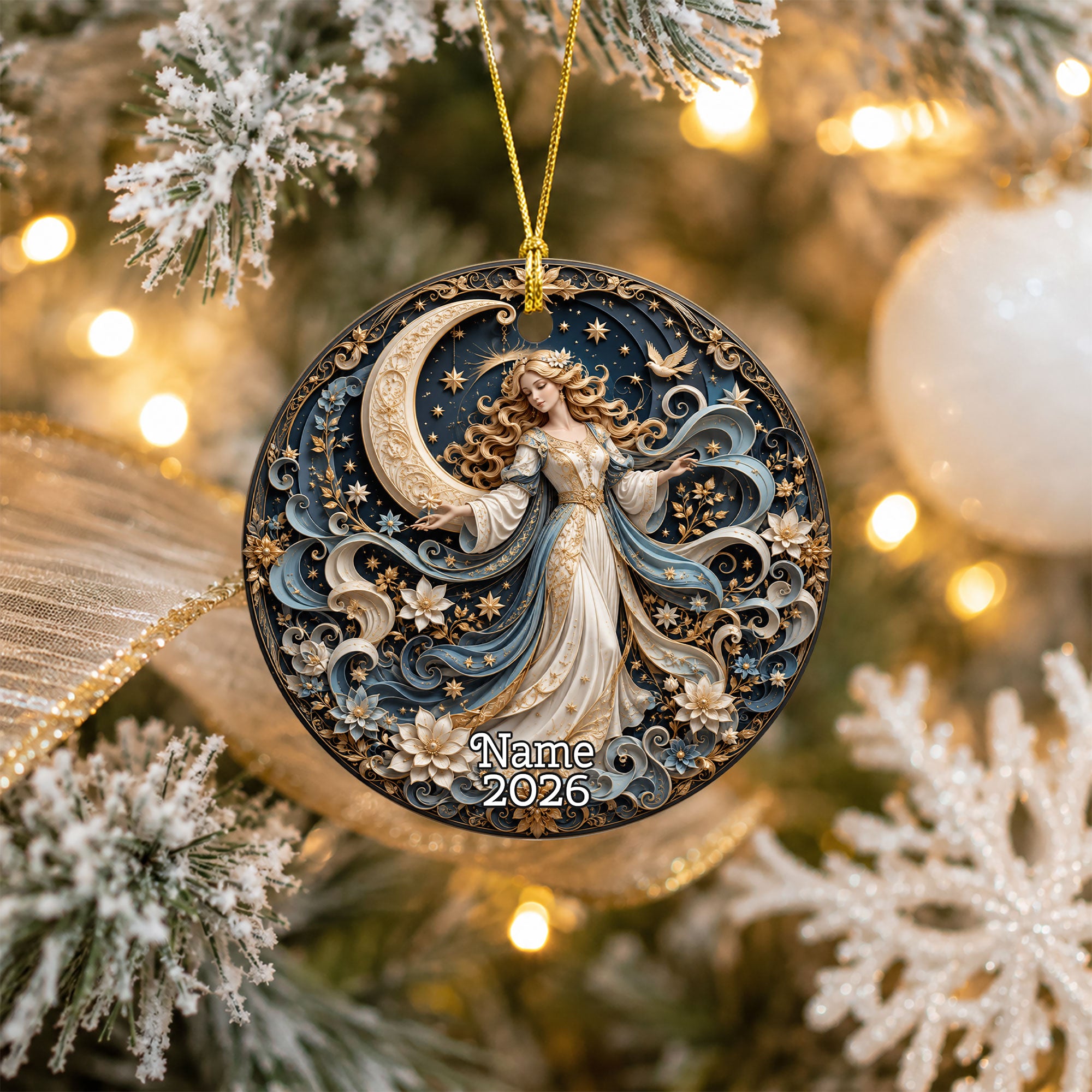 Elegant Christmas Ornament 2026, Angel with Moon and Stars Ornament, Holiday Tree Decoration