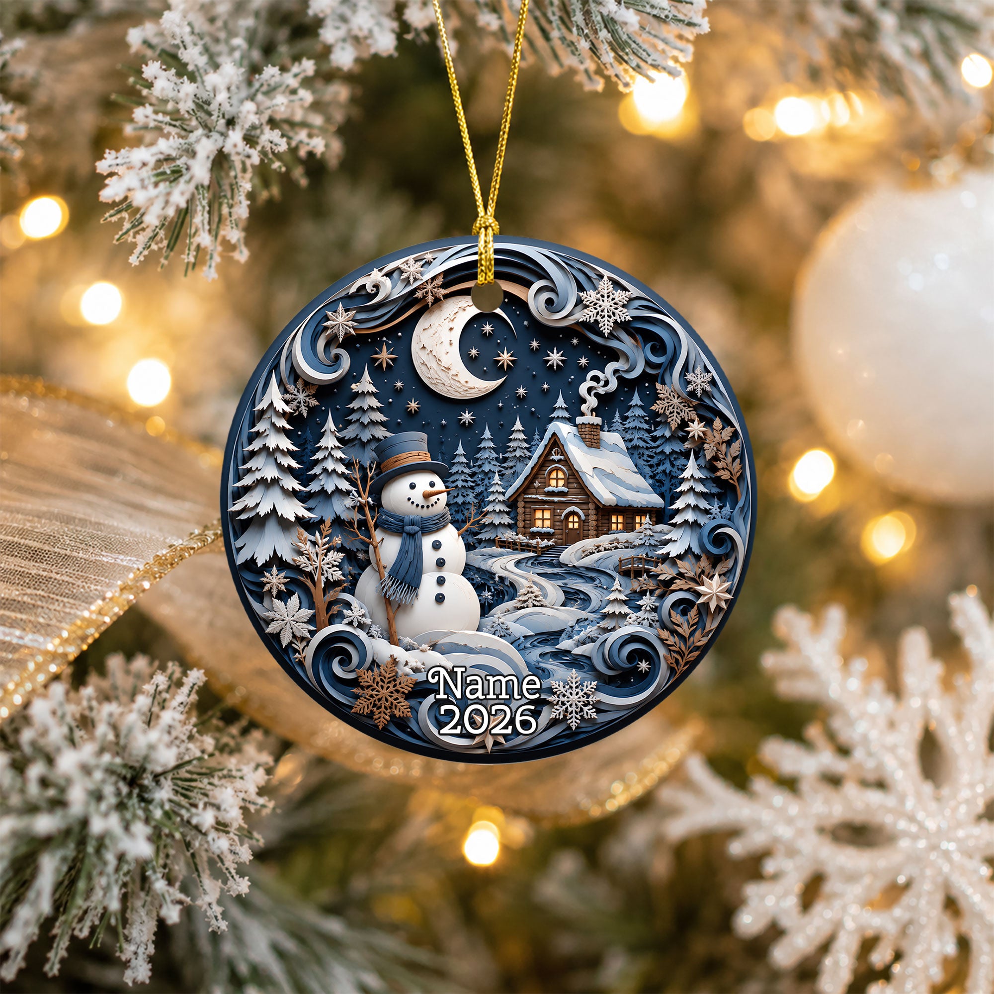 2026 Christmas Ornament with Snowman, Winter Village Christmas Tree Ornament, Ceramic Holiday Decoration