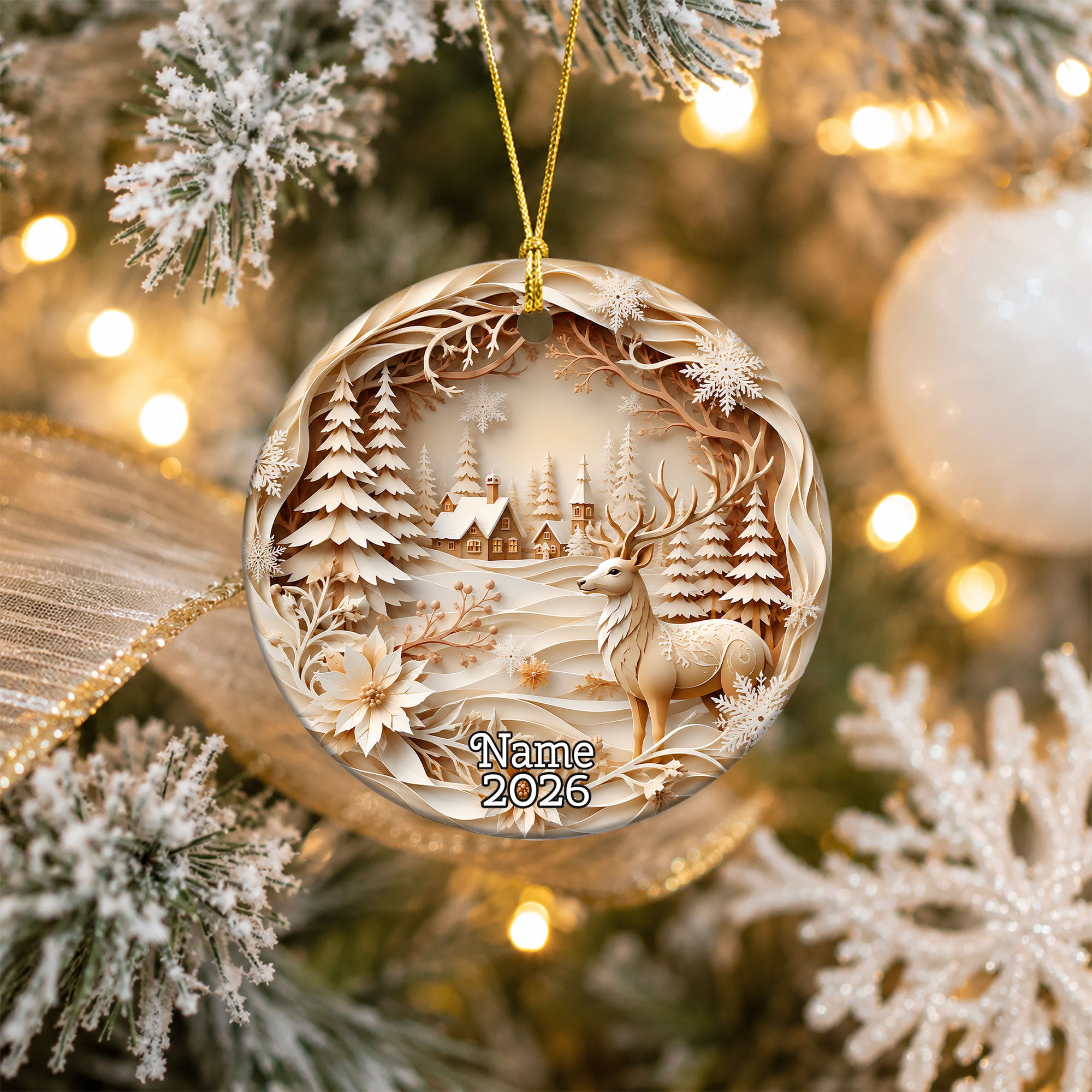 Winter Christmas Ornament 2026, Deer Village Ornament, Holiday Tree Decoration, Christmas Keepsake Gift