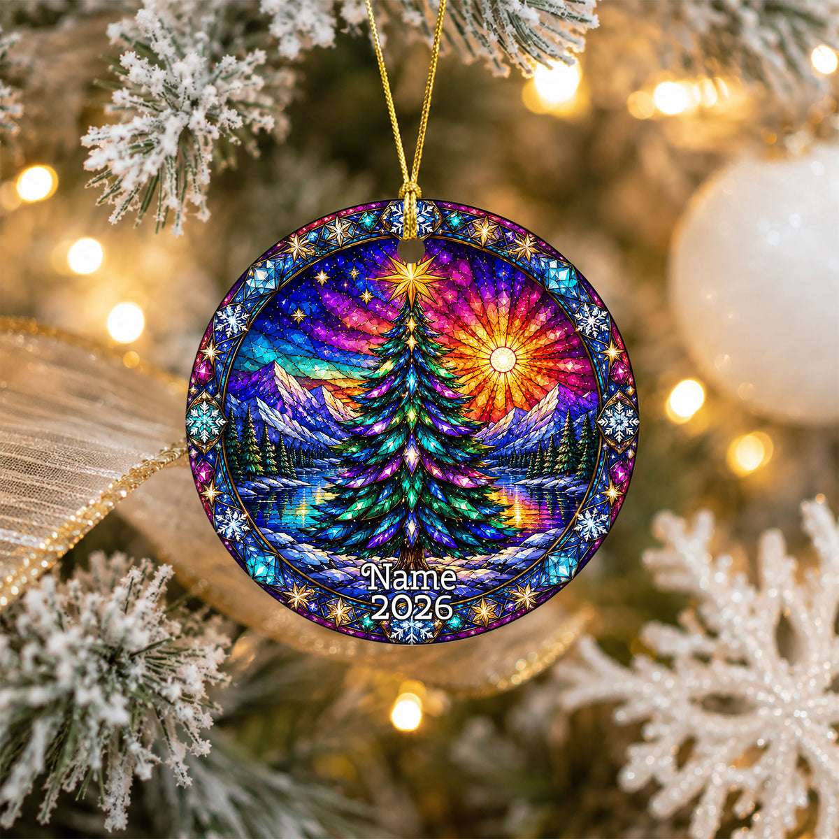 Colorful Stained Glass Christmas Tree Ornament 2026, Winter Mountain Lake Suncatcher Style, Holiday Decor