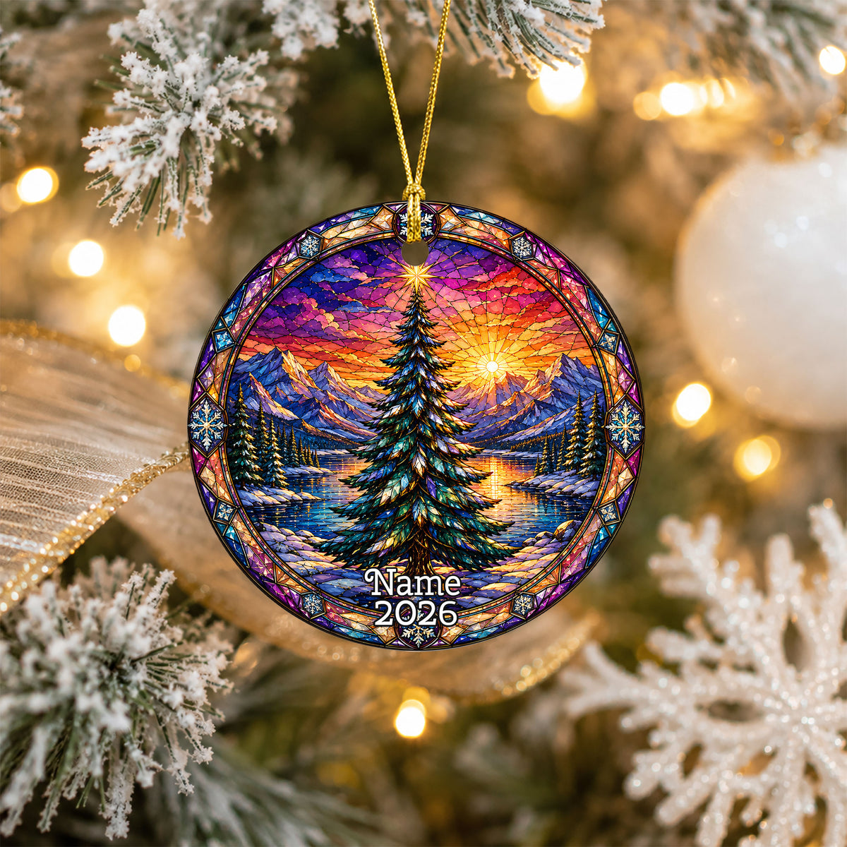 Colorful Christmas Tree Ornament 2026, Stained Glass Style Holiday Ornament, Winter Landscape Decor
