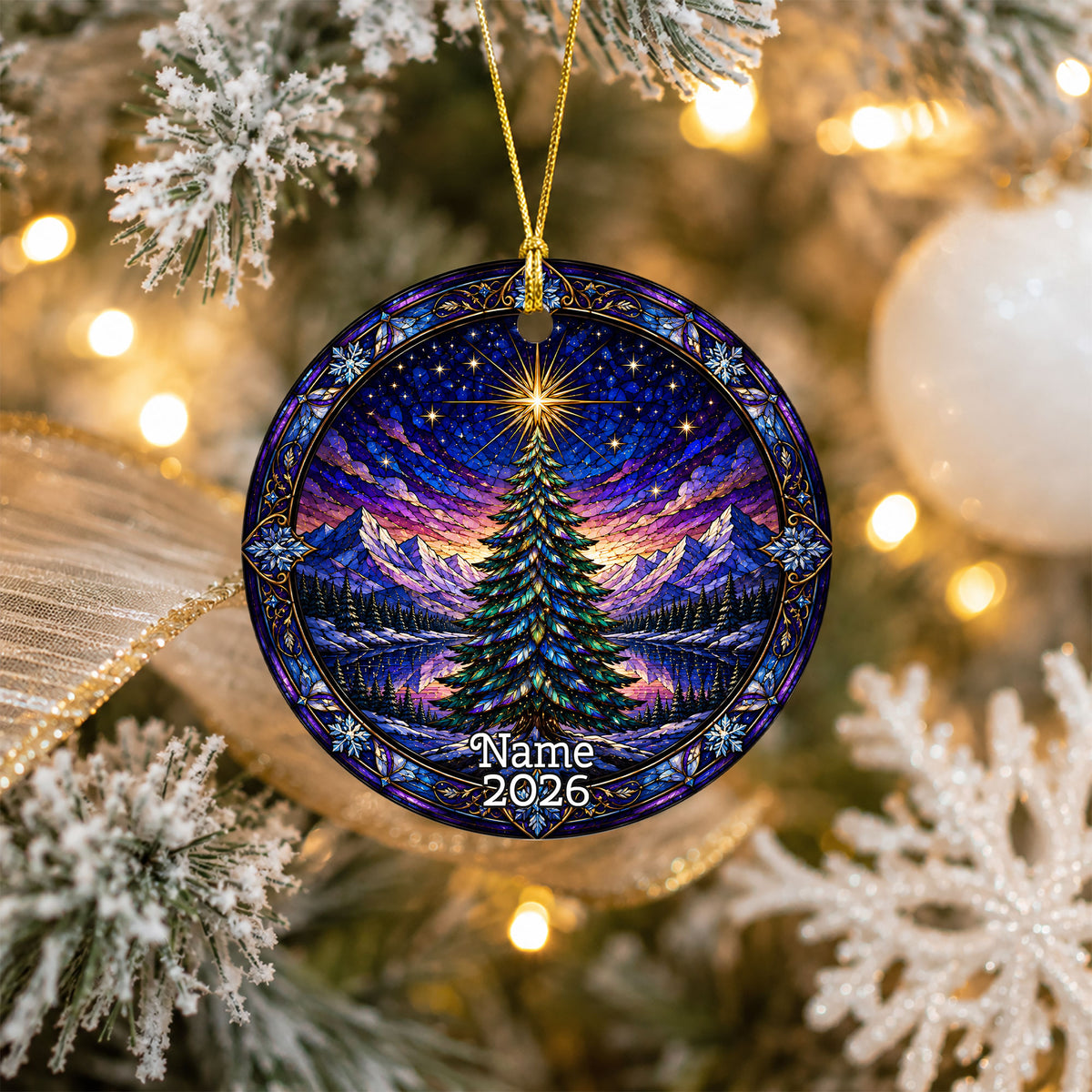Christmas Tree Suncatcher Style Ornament 2026, Colorful Winter Mountain Scene Decoration