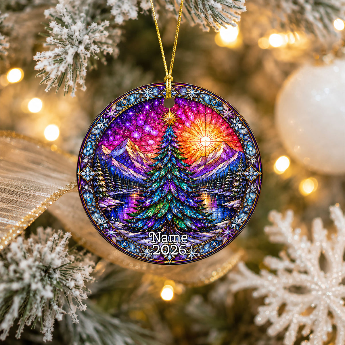 Stained Glass Style Christmas Ornament 2026, Colorful Evergreen Tree with Mountain Lake, Holiday Tree Decoration