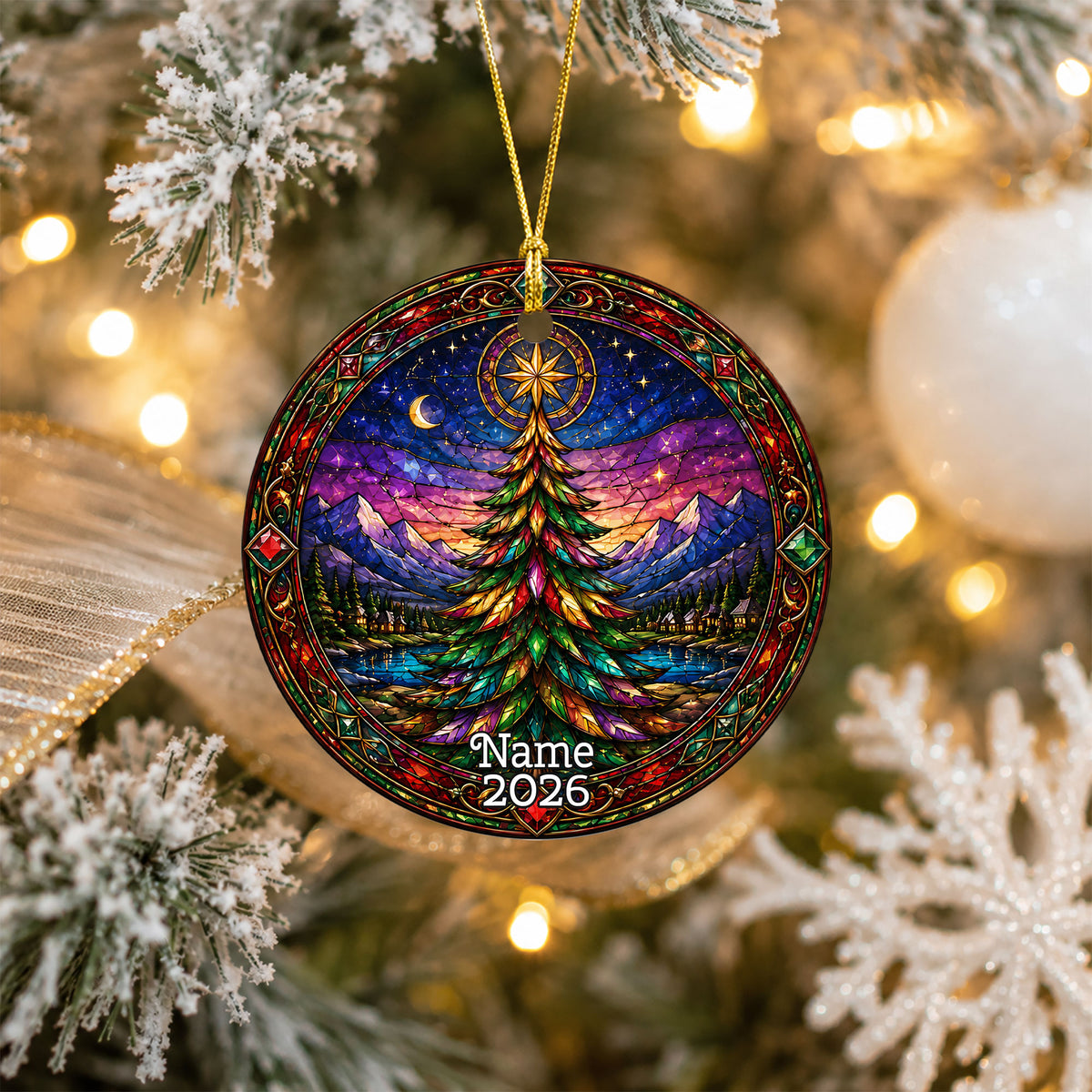 Christmas Tree Holiday Ornament 2026, Colorful Stained Glass Inspired Winter Scene, Festive Christmas Decoration