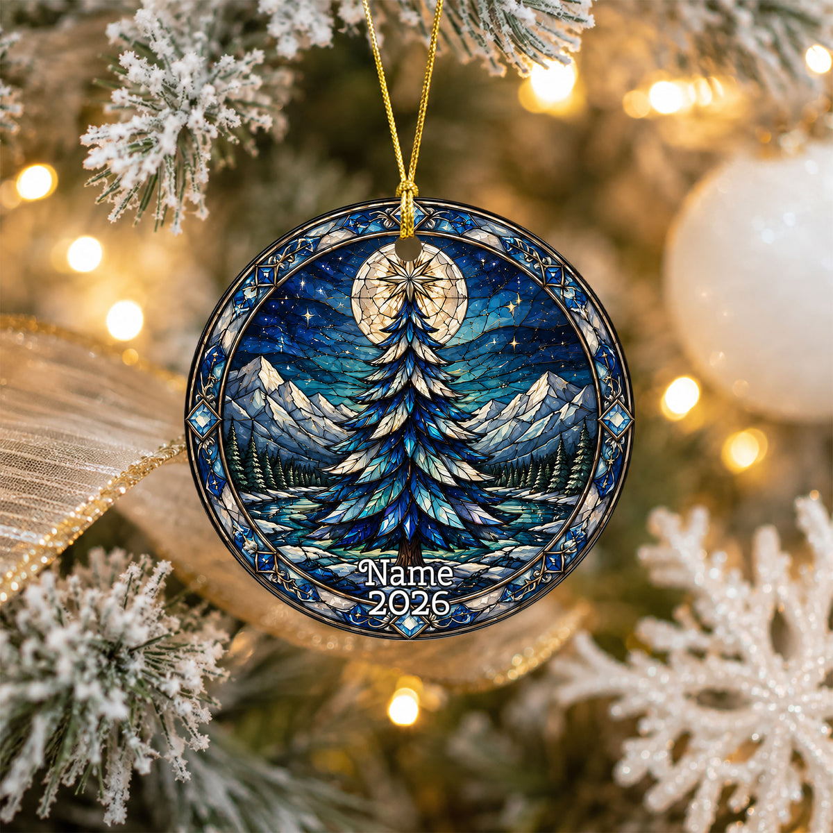 Winter Christmas Tree Ornament 2026, Colorful Mountain Landscape Holiday Decor, Stained Glass Inspired Christmas Gift
