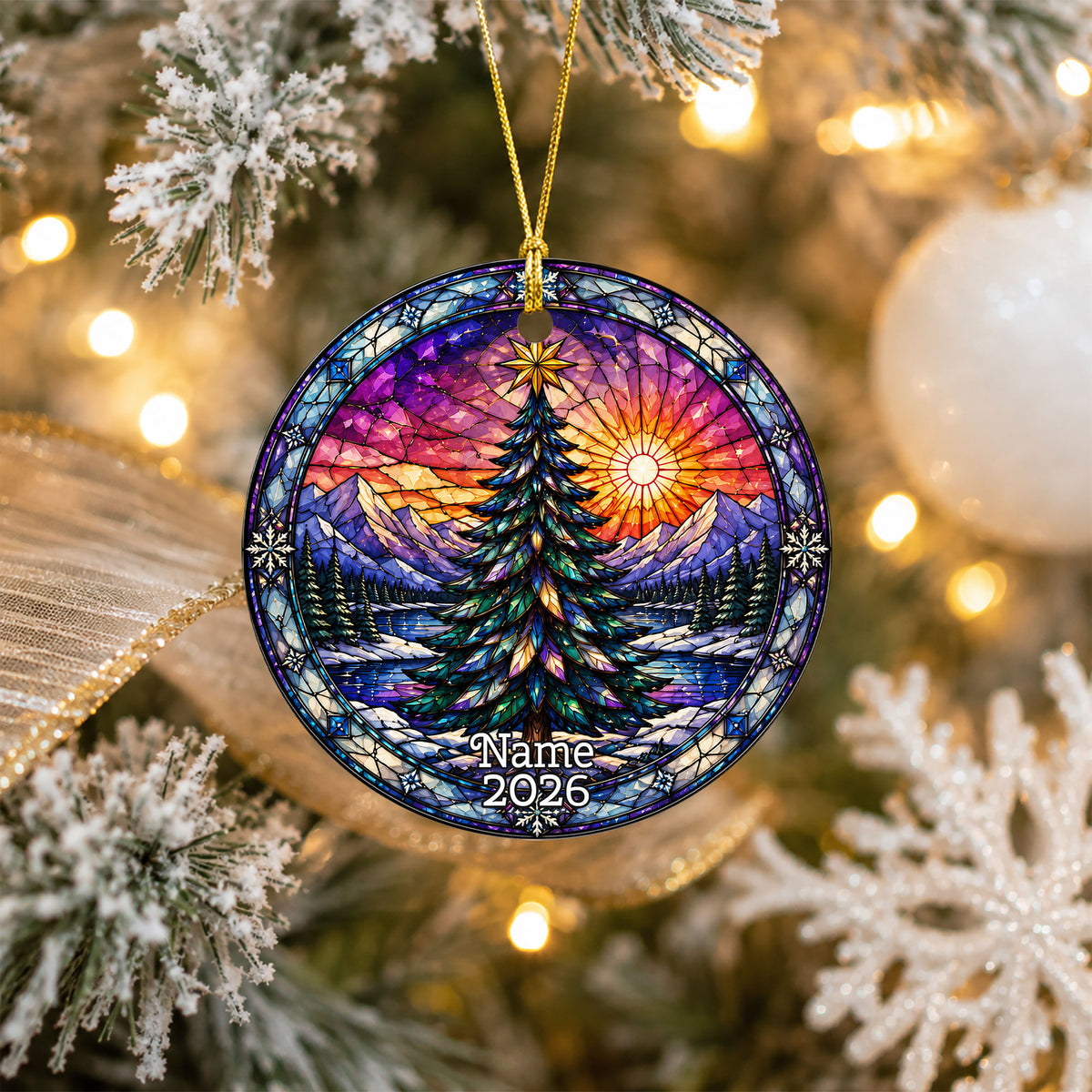 Christmas Ornament 2026 with Colorful Christmas Tree, Winter Lake Landscape Decoration, Holiday Tree Keepsake