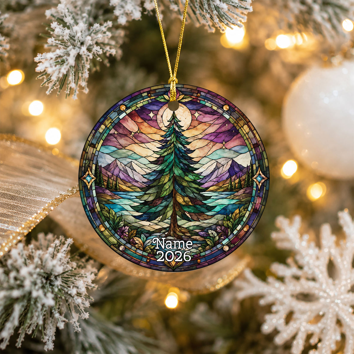 Vintage Christmas Tree Ornament 2026, Holiday Winter Landscape Decor, Stained Glass Inspired Christmas Keepsake