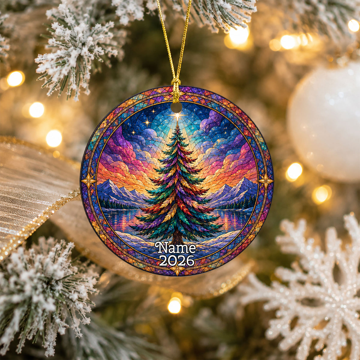 Colorful Stained Glass Style Christmas Tree Ornament 2026, Winter Mountain Lake Suncatcher Style