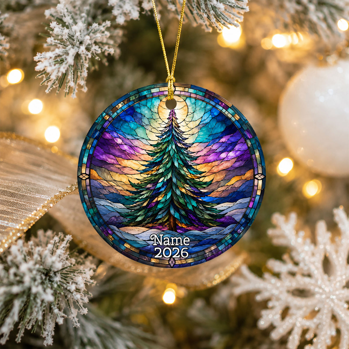 Christmas Tree Keepsake Ornament 2026, Colorful Rainbow Evergreen Winter Scene, Holiday Decoration