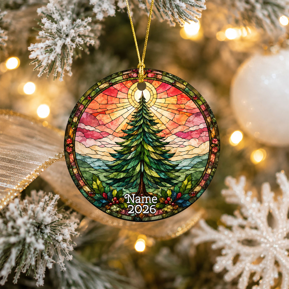 Winter Christmas Tree Ornament 2026, Vintage Chrismas Tree Holiday Decoration, Stained Glass Inspired Christmas Tree Keepsake Gift