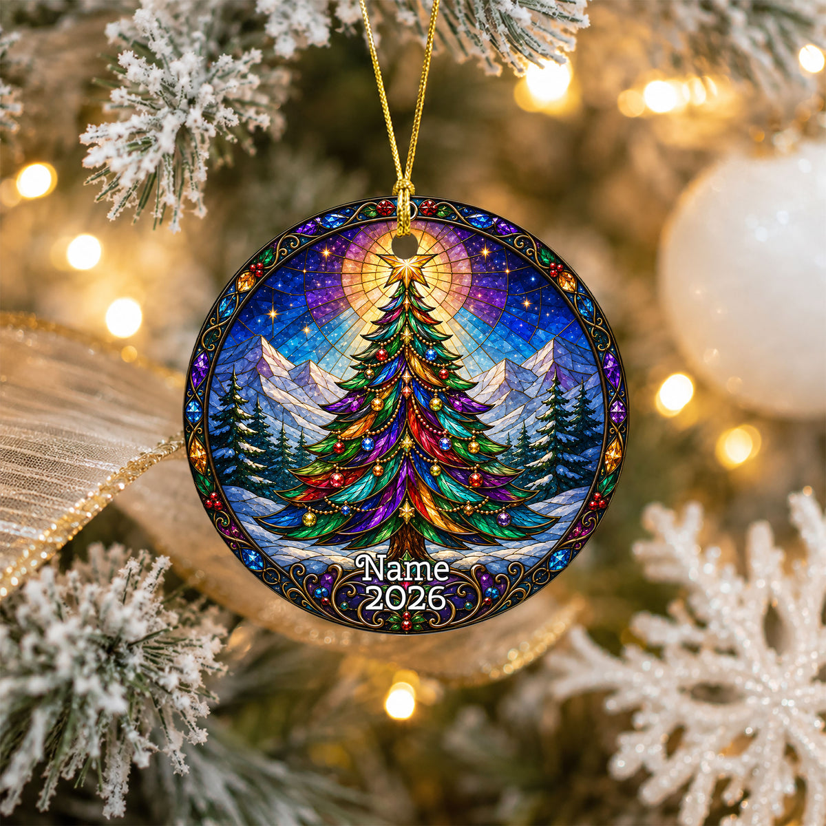 Colorful Stained Glass Christmas Tree Ornament 2026, Rainbow Evergreen Winter Mountain Scene, Holiday Tree Decoration