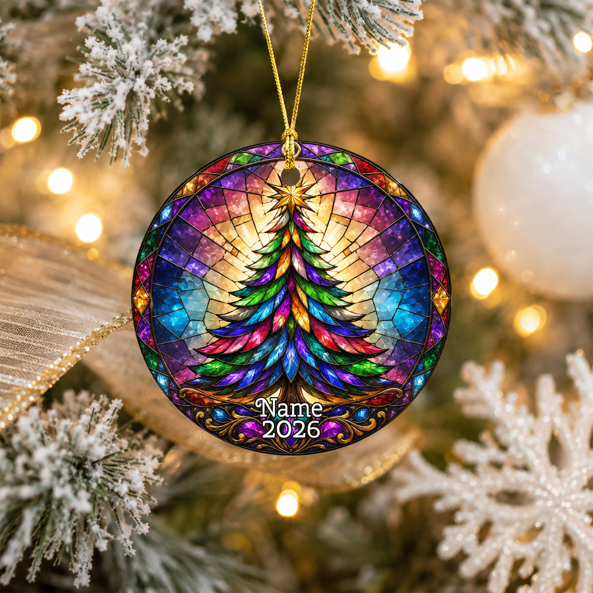 Rainbow Christmas Tree Ornament 2026, Colorful Stained Glass Holiday Decoration, Winter Landscape Christmas Gift