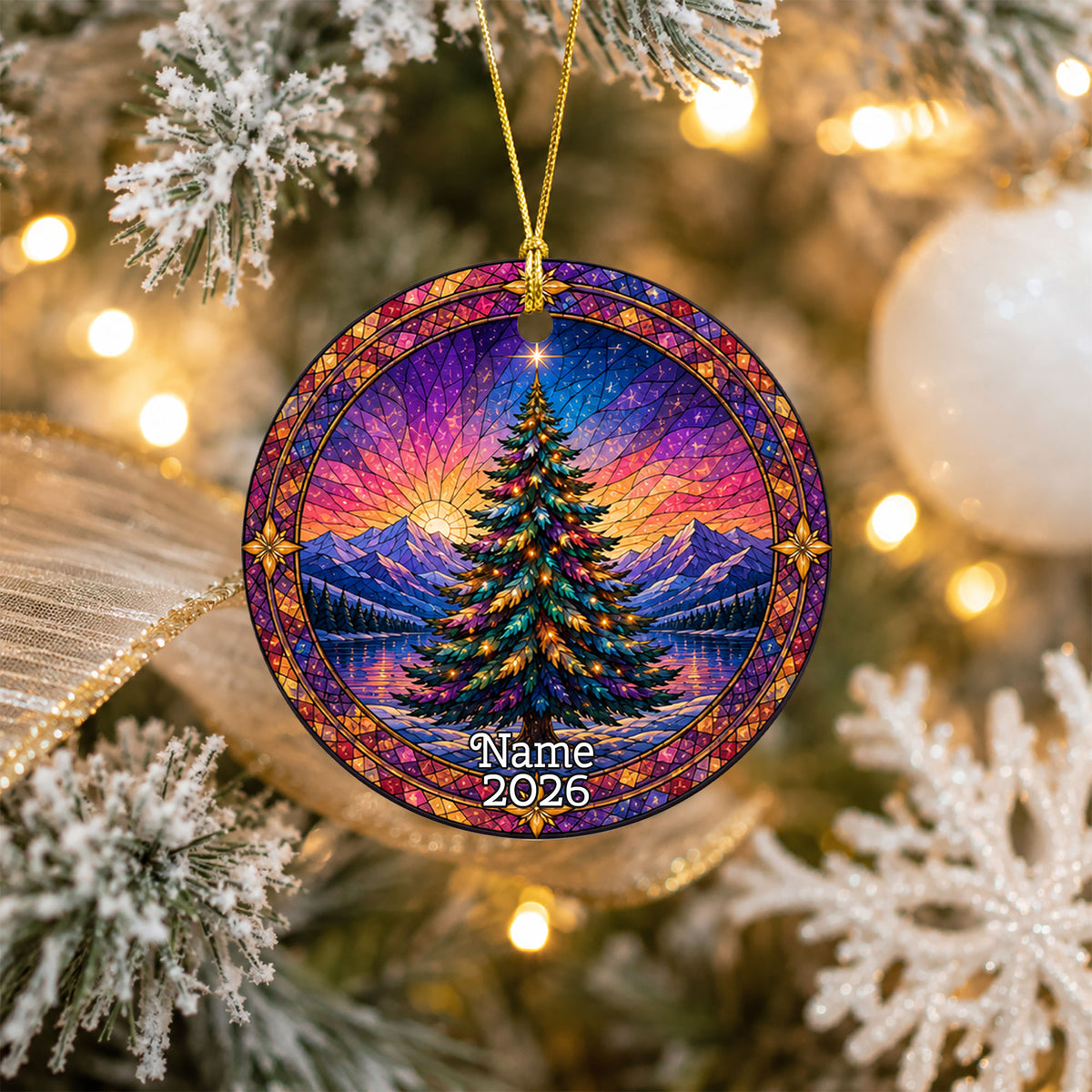 Colorful Christmas Ornament 2026, Rainbow Evergreen Tree with Winter Mountain Scene, Holiday Tree Decor