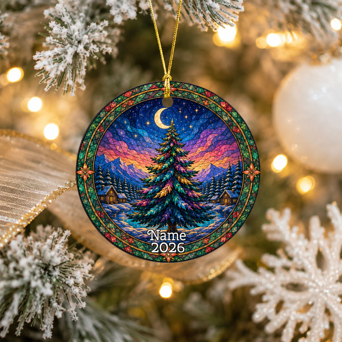 Winter Christmas Tree Ornament 2026, Aurora Sky Christmas Decor, Holiday Ornament, Snowy Mountain Landscape
