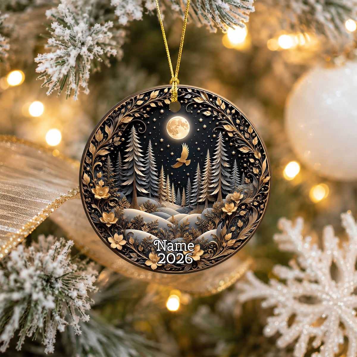 Winter Forest Christmas Ornament 2026, Moon Night Woodland Christmas Tree Decor, Nature Inspired Holiday Ornament