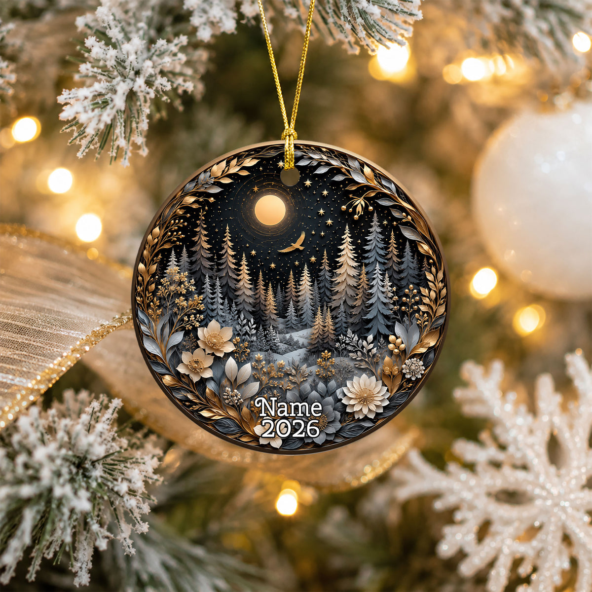 Winter Forest Christmas Ornament 2026, Moon Night Woodland Christmas Tree Decor, Nature Inspired Holiday Ornament