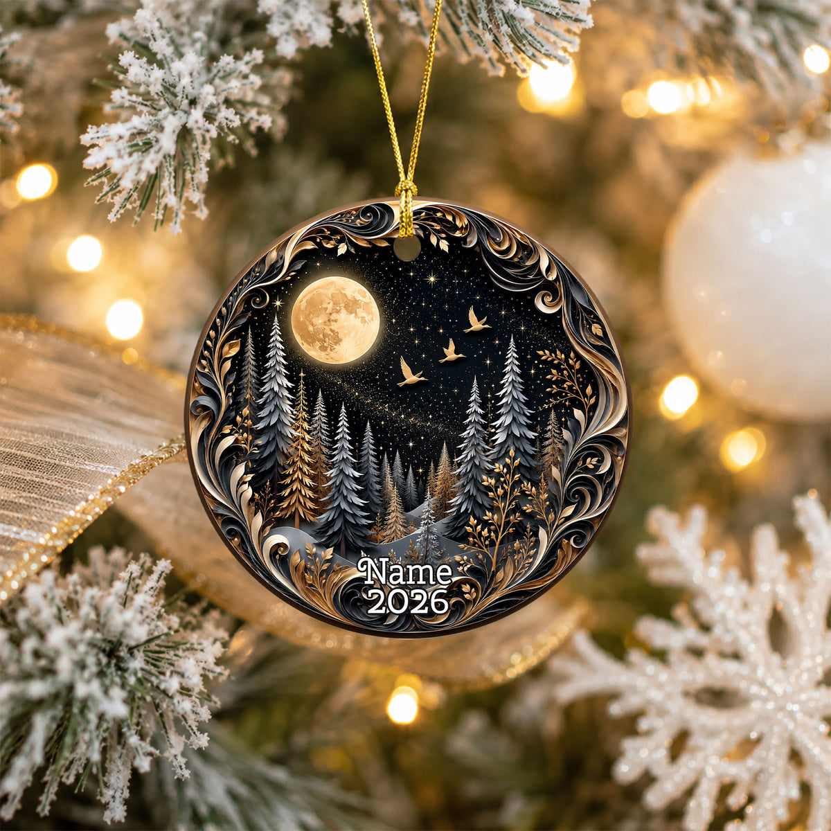 Christmas Forest Ornament 2026, Moonlit Pine Trees Holiday Decoration, Woodland Christmas Keepsake, Winter Nature Gift for Friends and Family