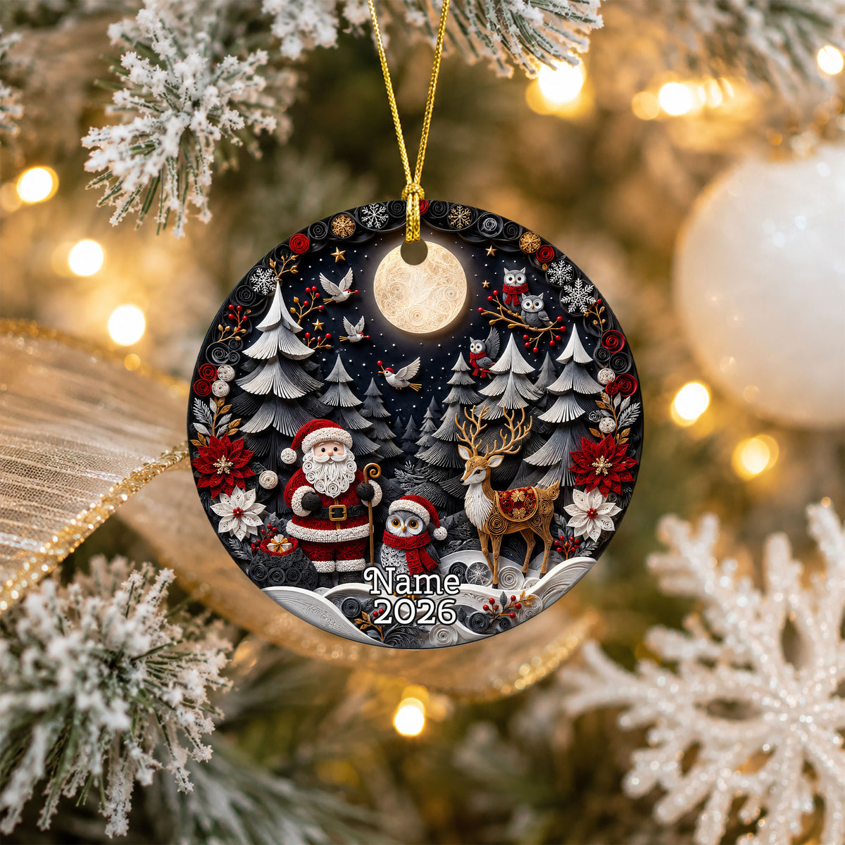 Santa Woodland Christmas Ornament 2026, Owl Deer Robin Winter Forest Cabin Christmas Tree Decoration, Holiday Keepsake Gift for Family
