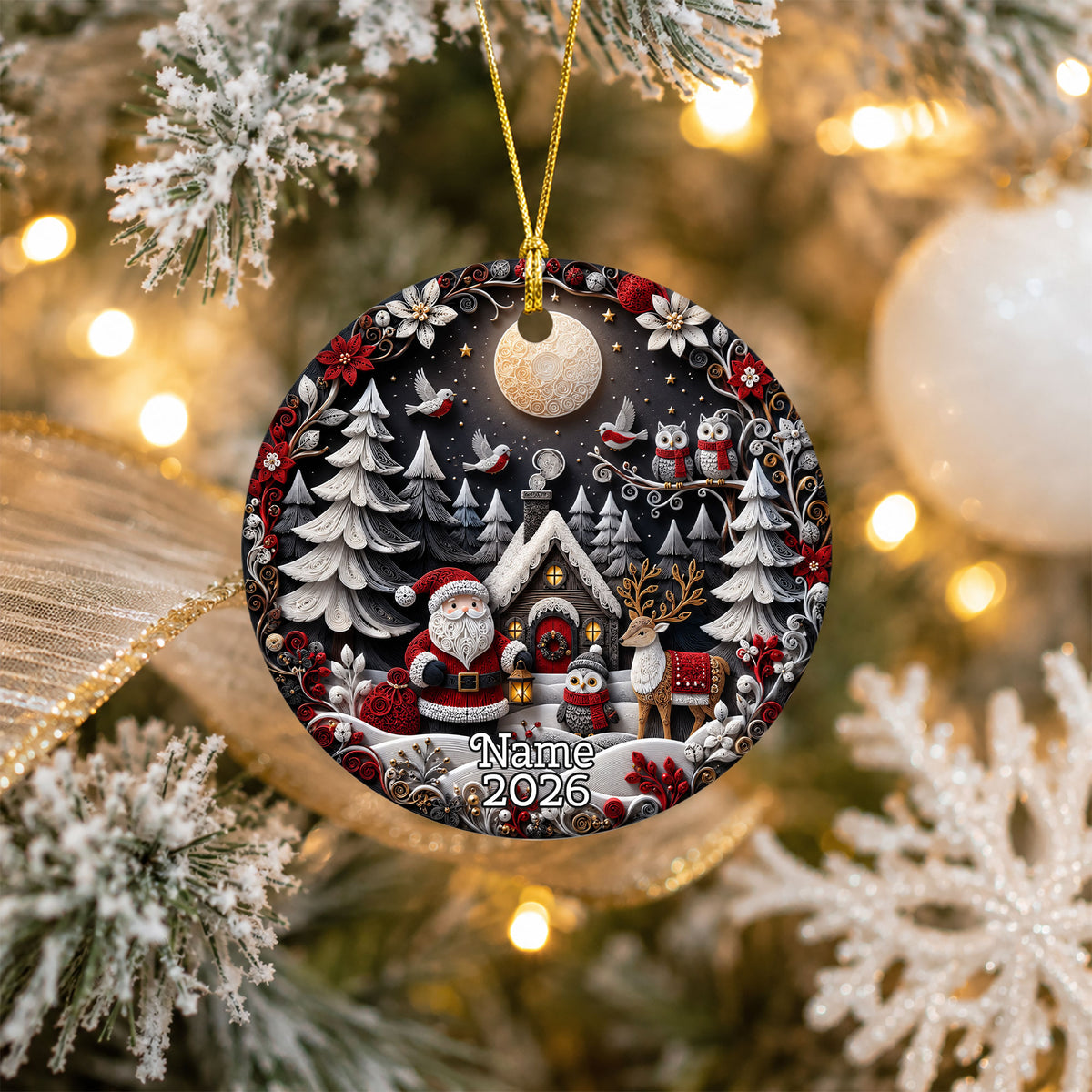 Holiday Christmas Ornament 2026, Santa Owl Deer Robin Forest Cabin Winter Scene, Christmas Tree Decoration, Festive Keepsake Gift