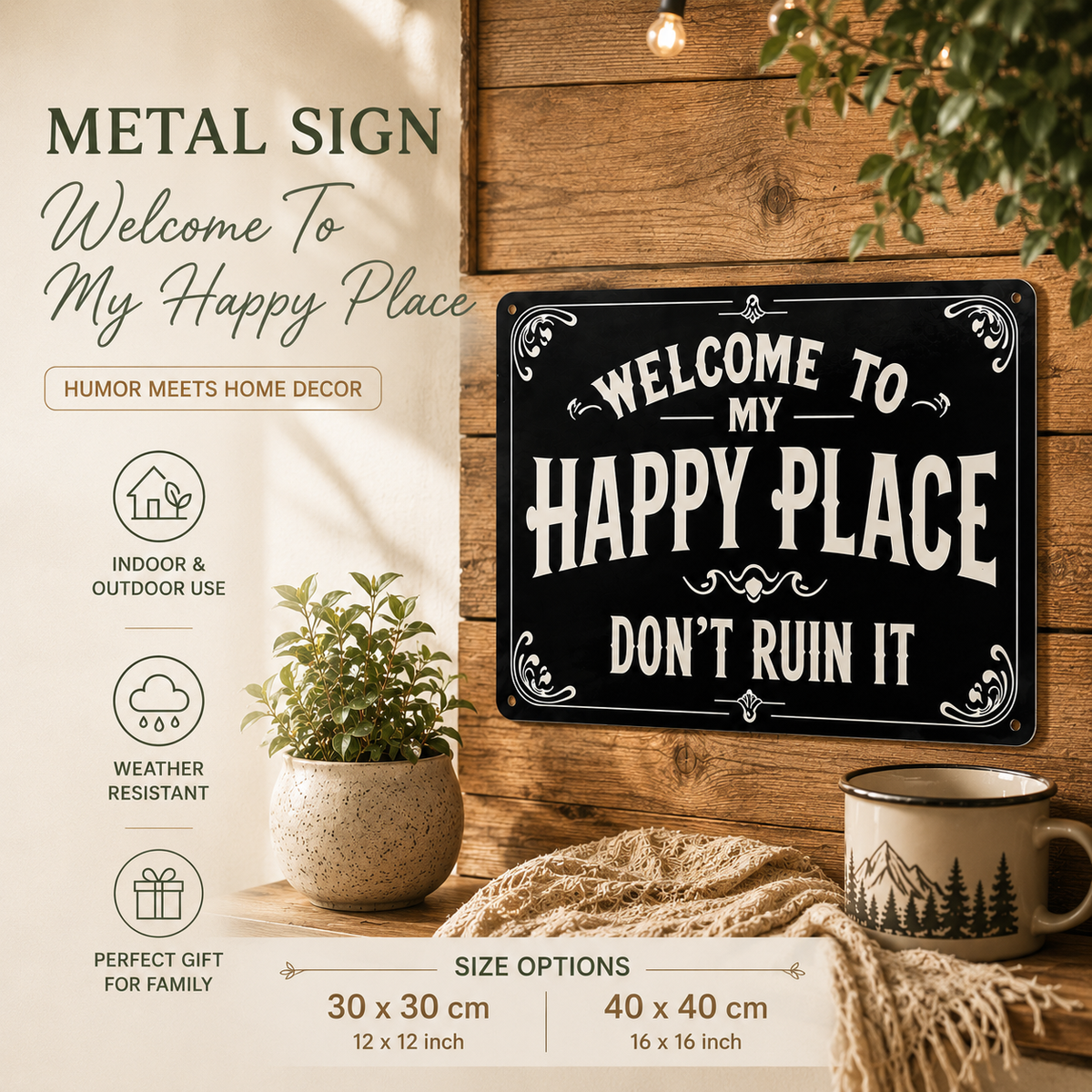 Vintage Metal Sign, Welcome to My Happy Place Don'T Ruin It, Living Room, Kitchen, Garden Decor