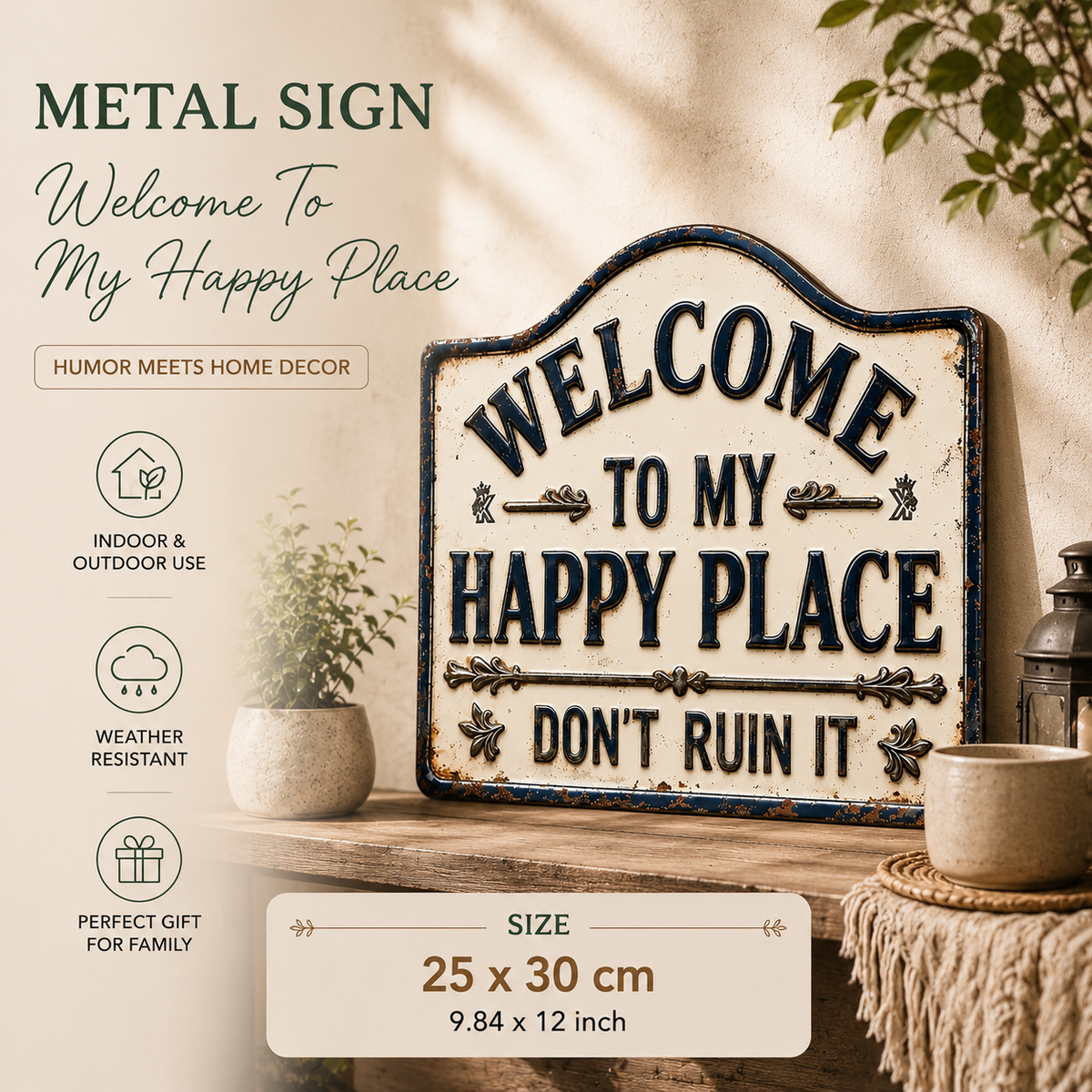 Vintage Welcome Metal Sign, Welcome To My Happy Place, Garden Outdoor Wall Decoration