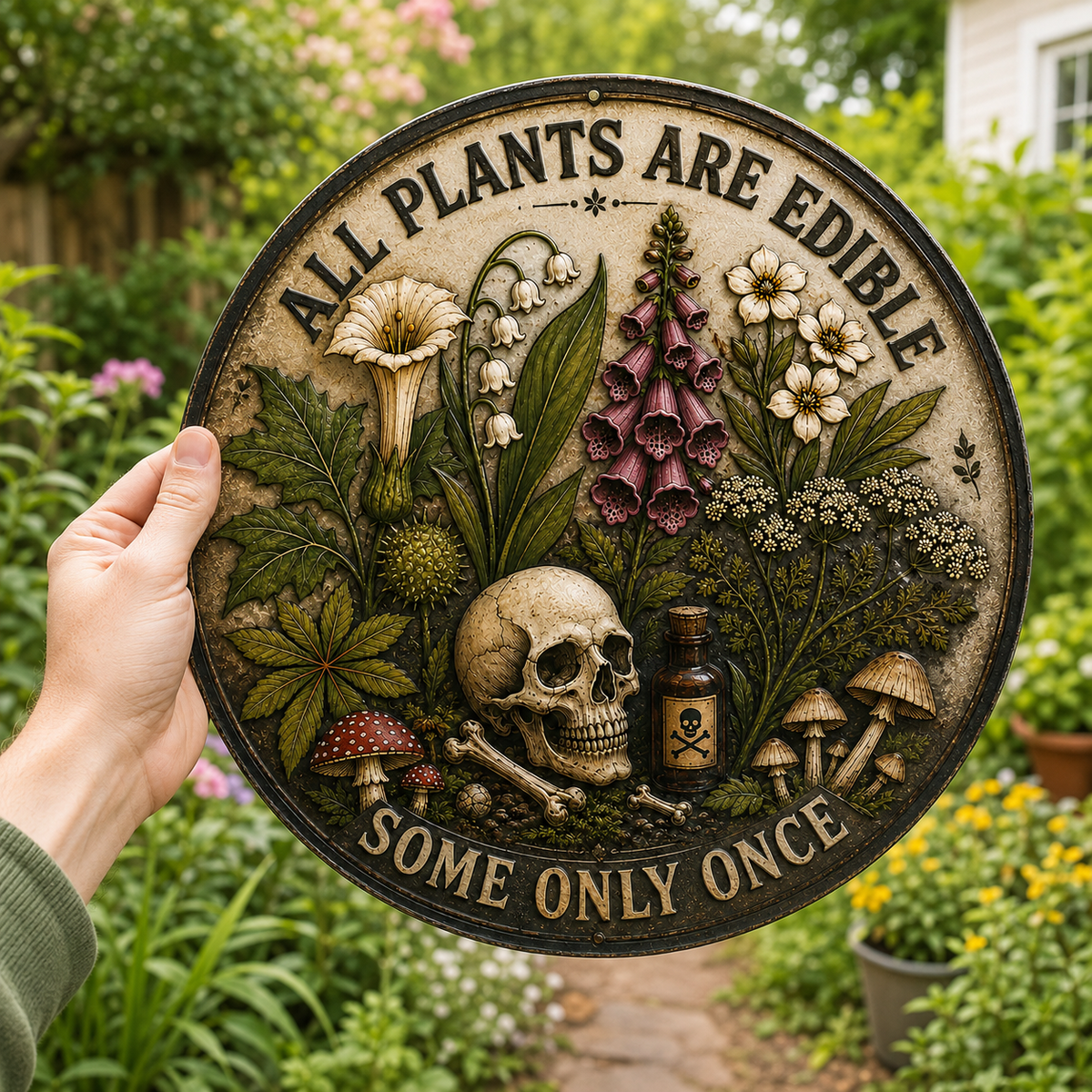 All Plants Are Edible Round Metal Sign, Funny Gothic Botanical Metal Sign, Dark Humor Plant Lover Gift, Mushroom Skull Decor