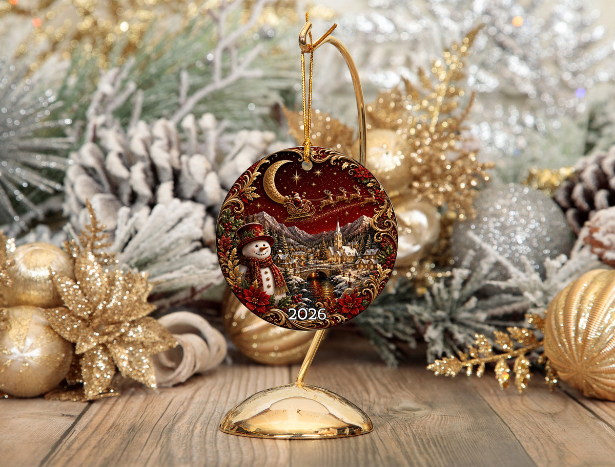 Red Christmas Ornament 2026, Snowman Christmas Tree Ornament, Winter Village Ceramic Ornament