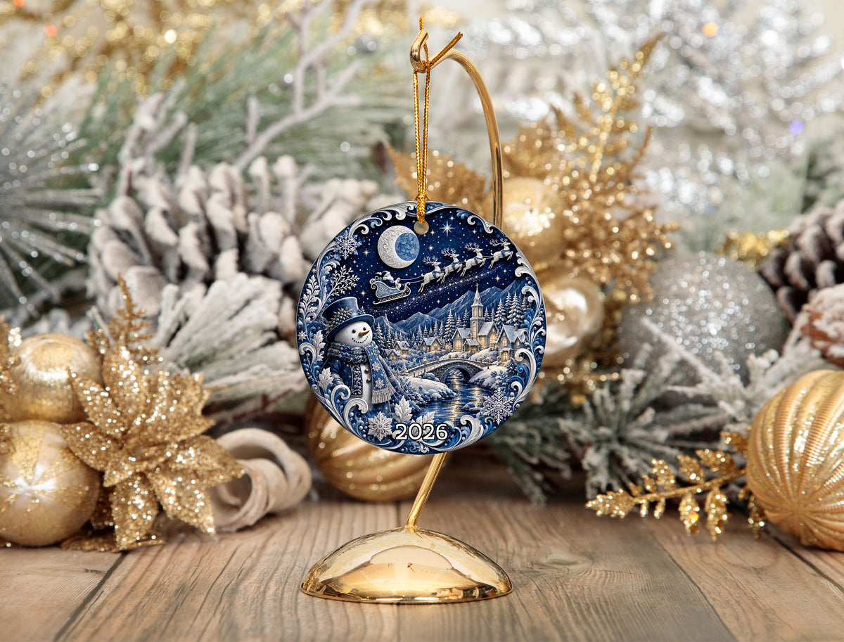 Blue Christmas Village Ornament 2026, Snowman Holiday Ornament, Ceramic Christmas Decoration