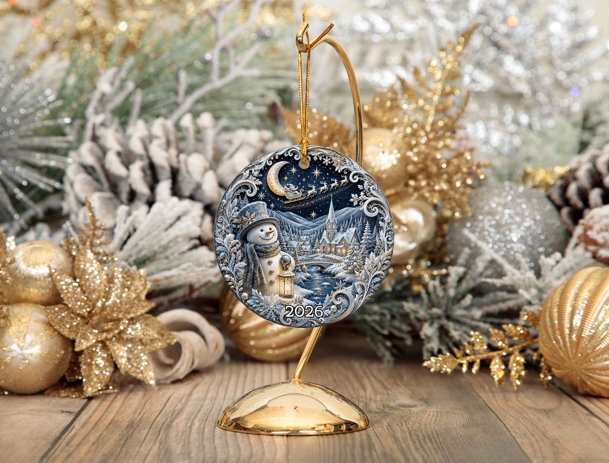 Blue Christmas Village Ornament 2026, Snowman Holiday Ornament, Ceramic Christmas Decoration, Winter Home Decor