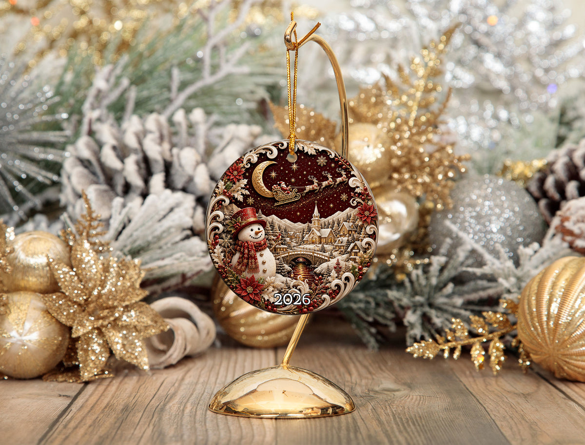 Red Snowman Christmas Ornament 2026, Winter Village Tree Ornament, Ceramic Holiday Decoration