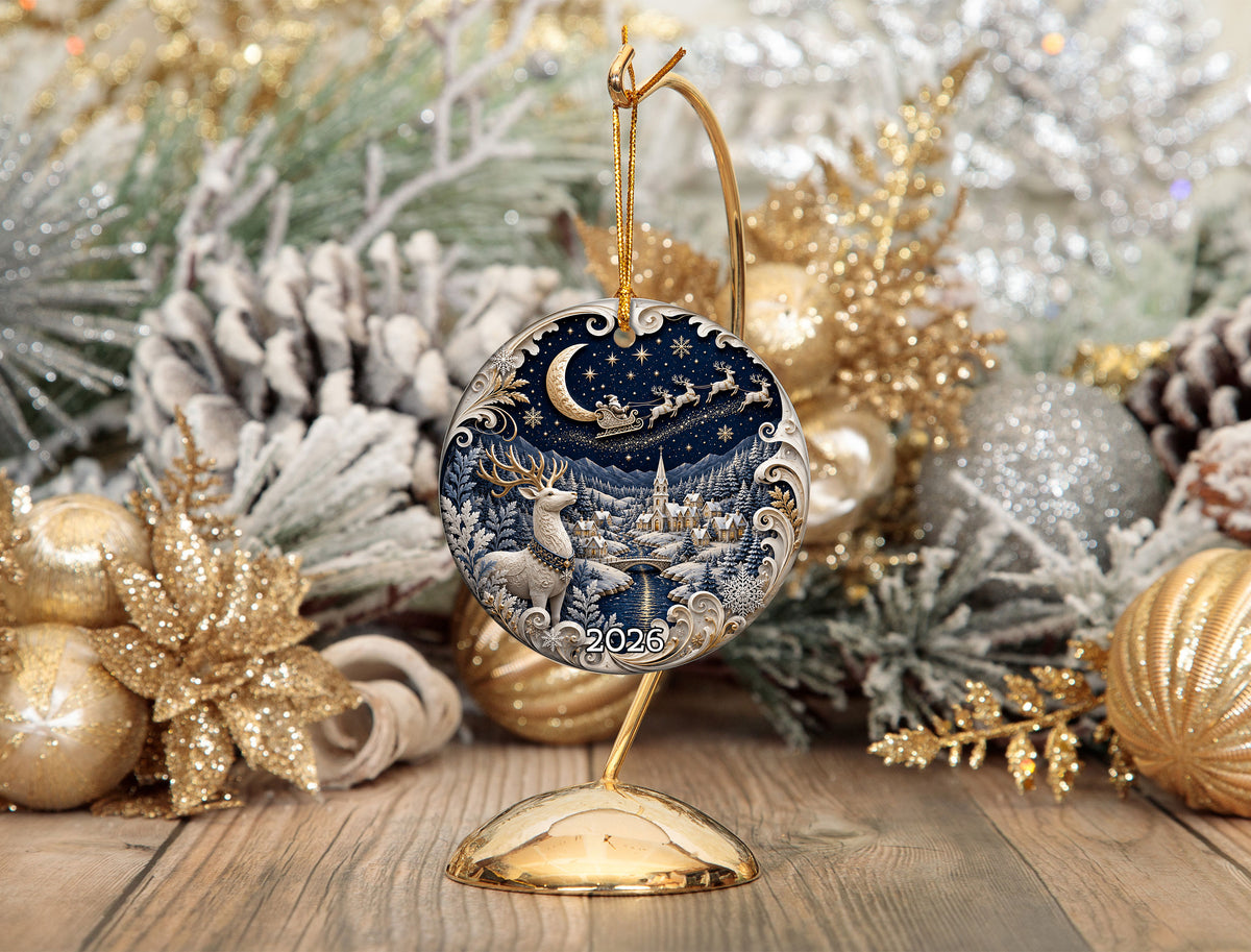Deer Christmas Ornament 2026, Blue Winter Tree Ornament, Ceramic Christmas Decoration, Holiday Keepsake Gift