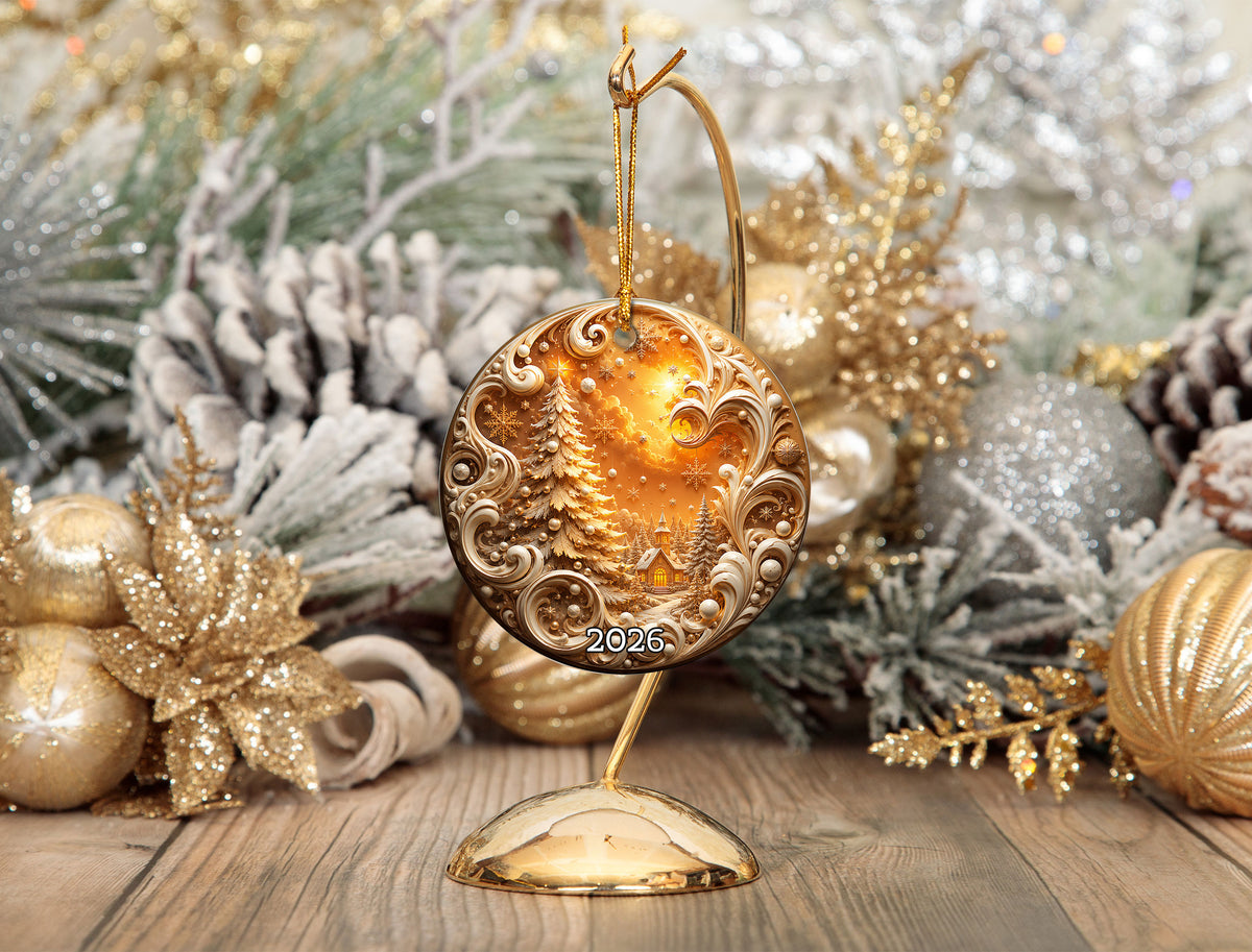 Golden Christmas Tree Ornament 2026, Cozy Winter Village Ornament, Christmas Tree Keepsake, Holiday Gift, Festive Seasonal Home Decoration