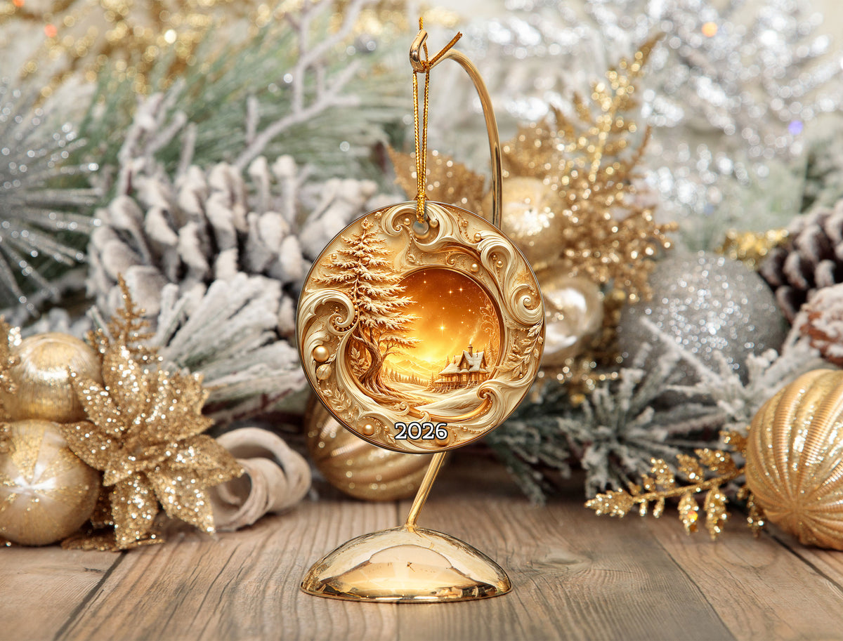 Golden Christmas Tree Ornament 2026, Tree of Life Ceramic Ornament, Winter Landscape Holiday Decoration, Christmas Gift Keepsake