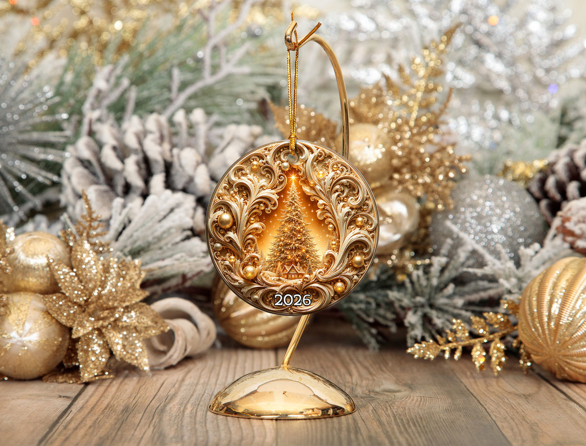 Christmas Tree Ornament 2026, Gold Ceramic Christmas Ornament, Holiday Decoration, Christmas Tree Decor