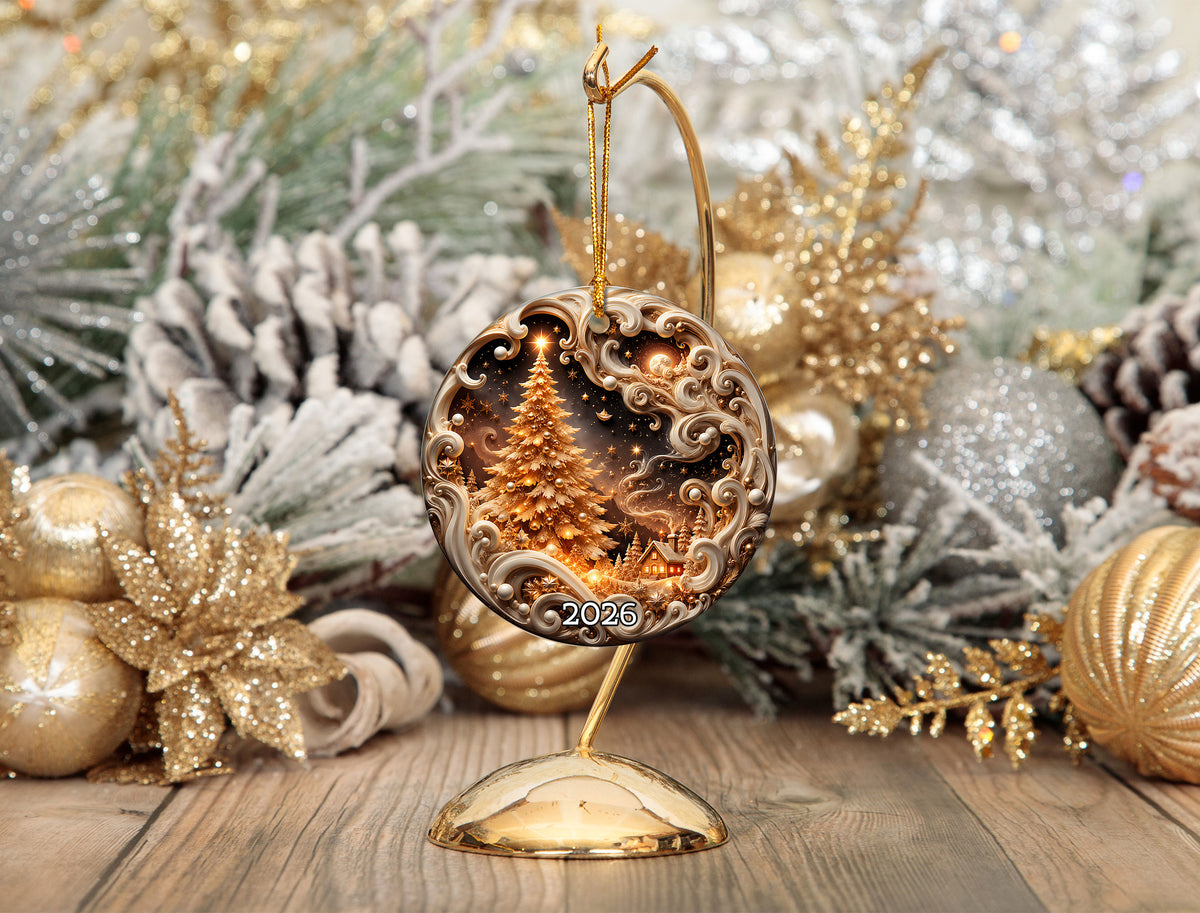 Elegant Christmas Tree Ornament 2026, Golden Winter Landscape Ornament, Holiday Keepsake Decoration