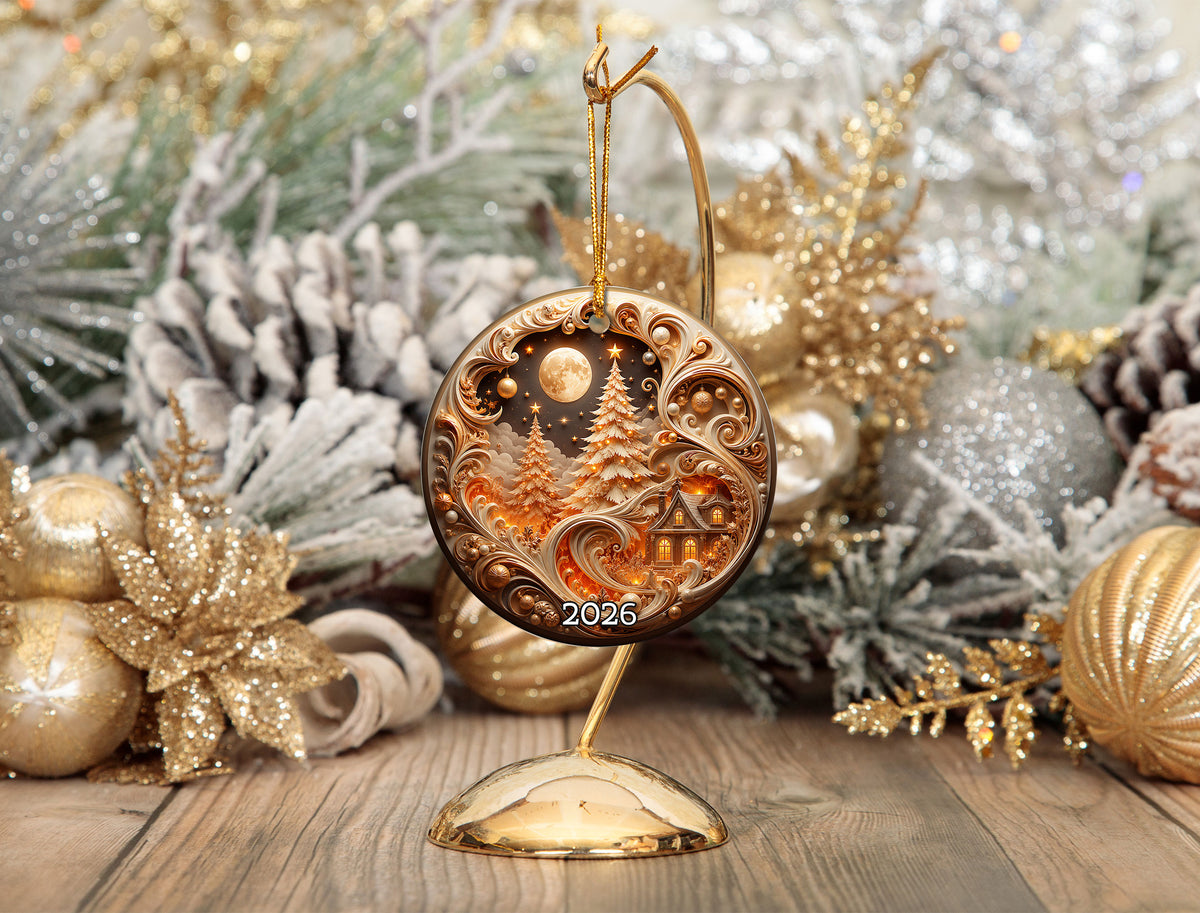 Elegant Christmas Tree Ornament 2026, Gold Holiday Ceramic Ornament, Christmas Decoration, Winter Home Decor, Christmas Gift Idea
