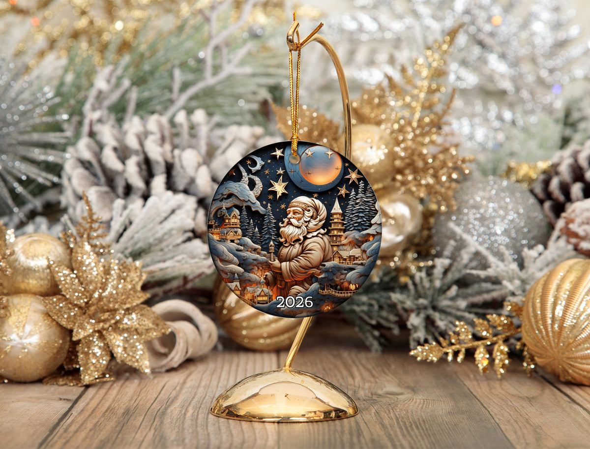 Santa Christmas 2026 Ornament, Christmas Decoration, Holiday Gift Idea, Heirloom Keepsake, Round Ceramic, Gift Exchange Idea, Dated Xmas Tree