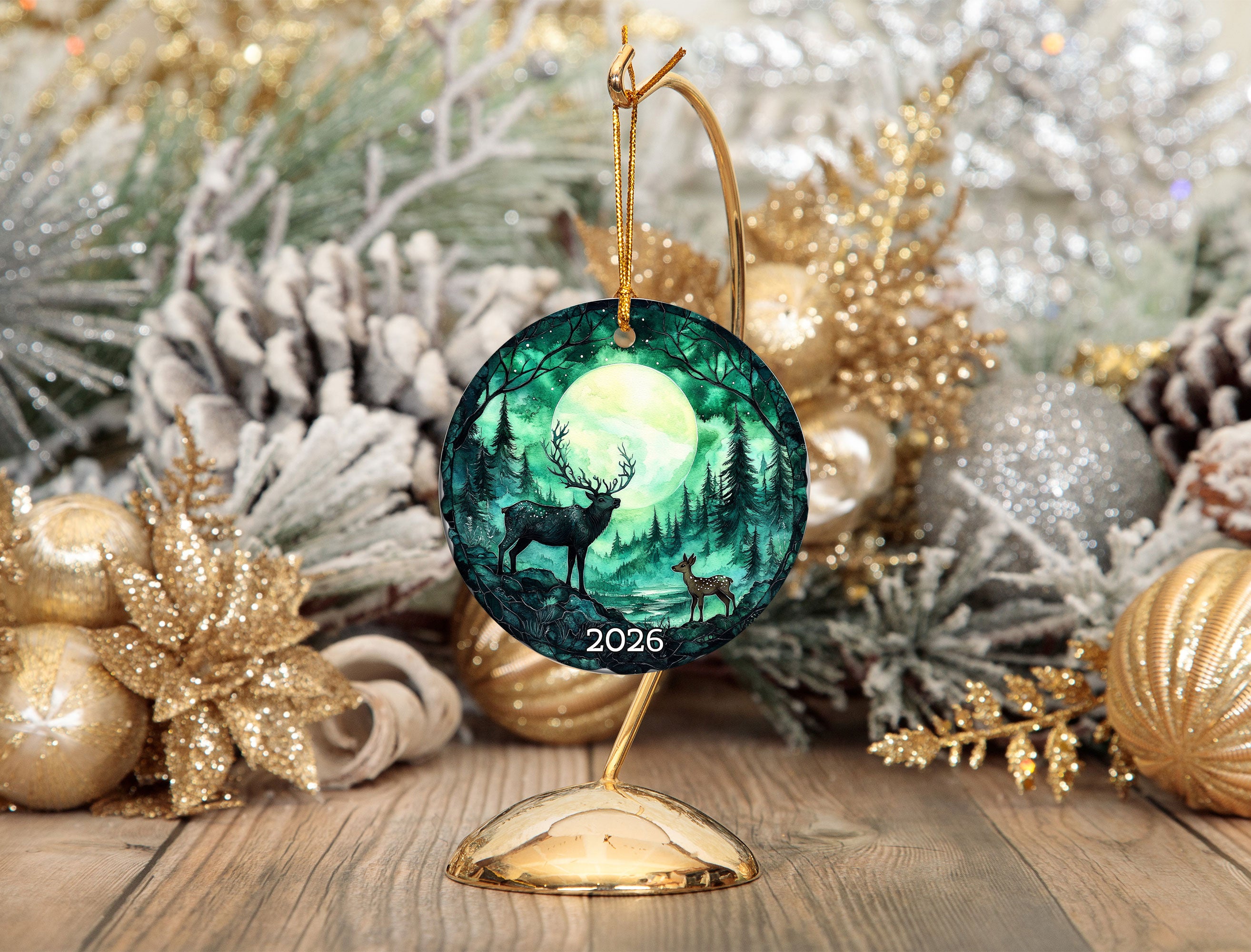 Deer Aurora Borealis Ceramic Ornament, Nature Lover Gift for Christmas Ornament for Friend, Night Scene Holiday Tree Decoration