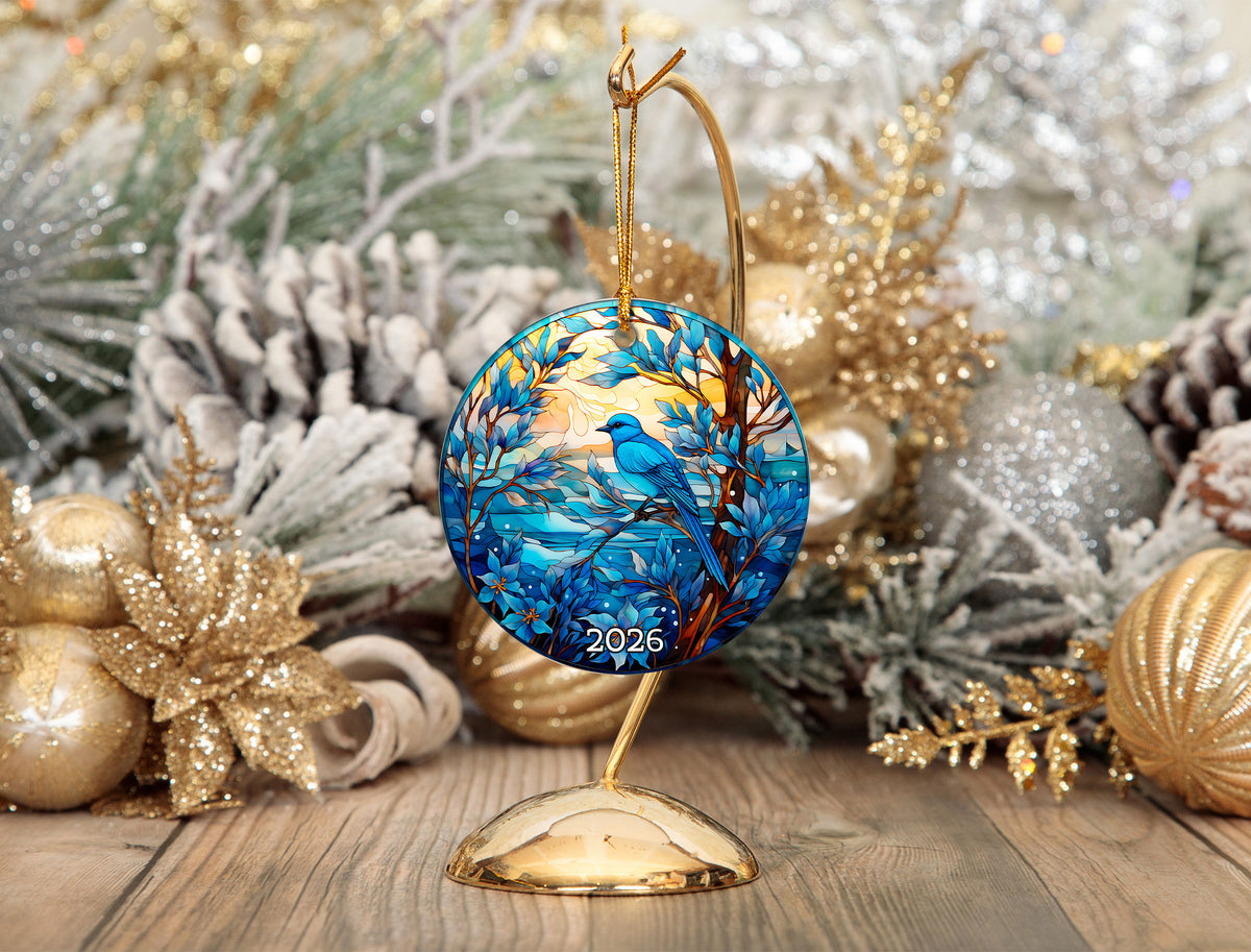 Blue Bird Christmas Ornament 2026, Stained Glass Style Bird Ornament, Winter Bird Tree Decor, Nature Lover Gift, Blue Songbird Keepsake, Holiday Ornament