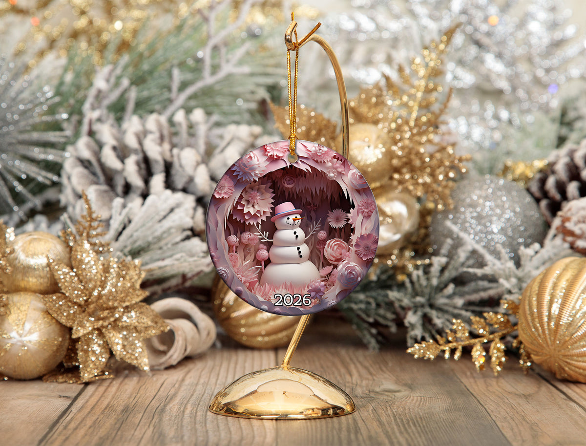 Pink Christmas Snowman Ornament, Winter Forest Holiday Decor, Rustic Tree Keepsake Ornament, Festive Winter Decoration, Christmas Keepsake Gift