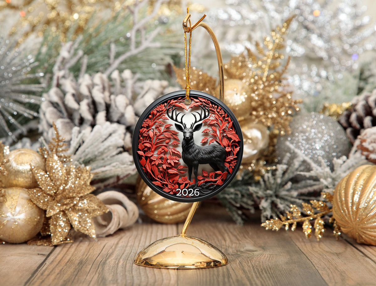 Christmas Ornament 2026, Deer Winter Forest Ornament, Woodland Keepsake Gift, Holiday Decor, Xmas Tree Decoration