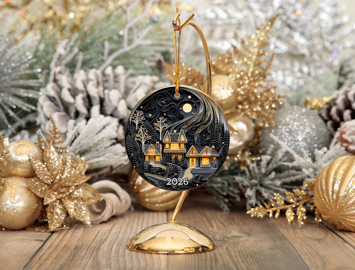 Moonlit Christmas Cottage Ornament 2026, Cozy Winter Village Tree Decoration, Layered Keepsake, Holiday Decoration
