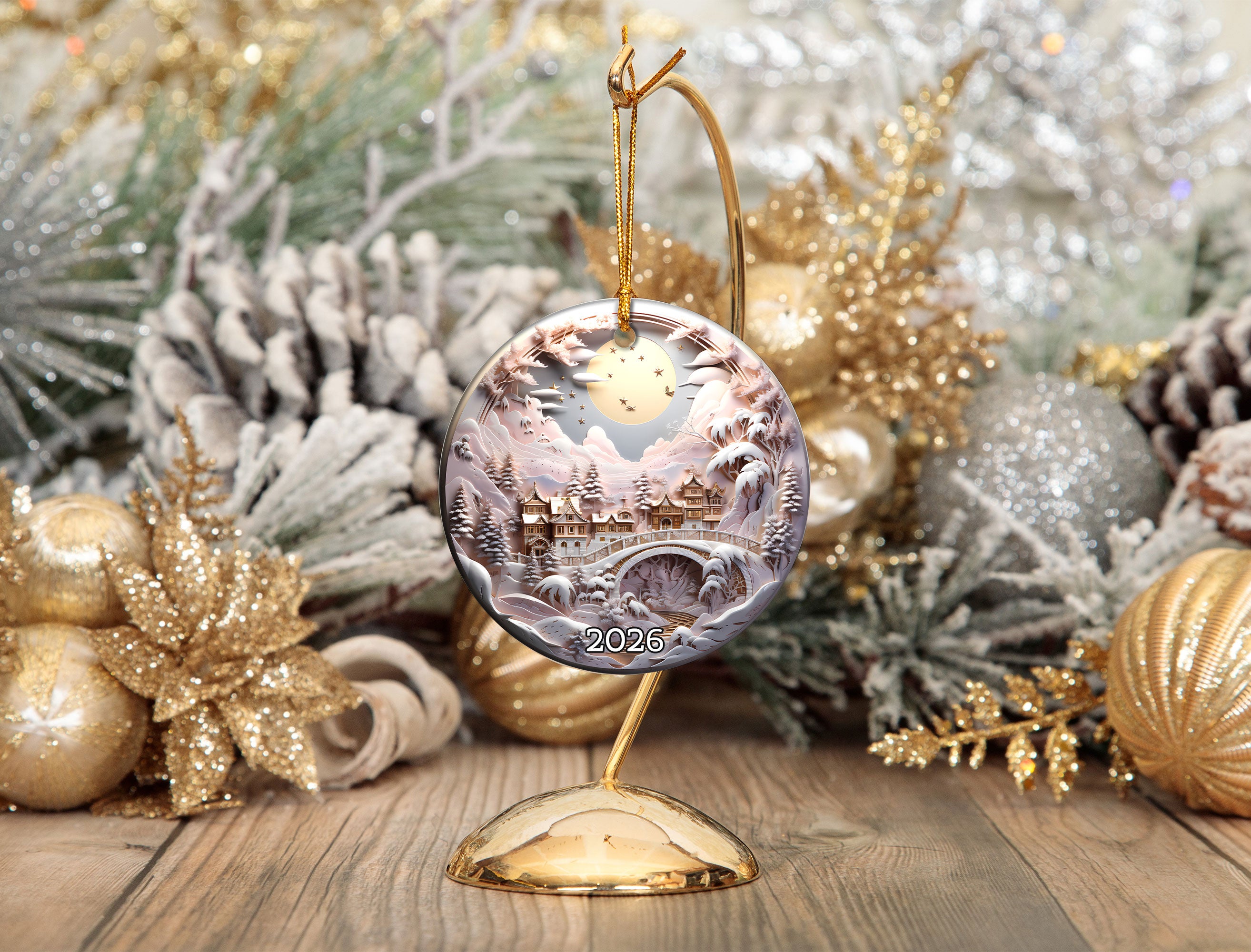 Snowy Castle Christmas Ornament 2026, Fairytale Pink Landscape Ceramic Ornament, Fantasy Holiday Tree Decor, Winter Christmas Keepsake Gift