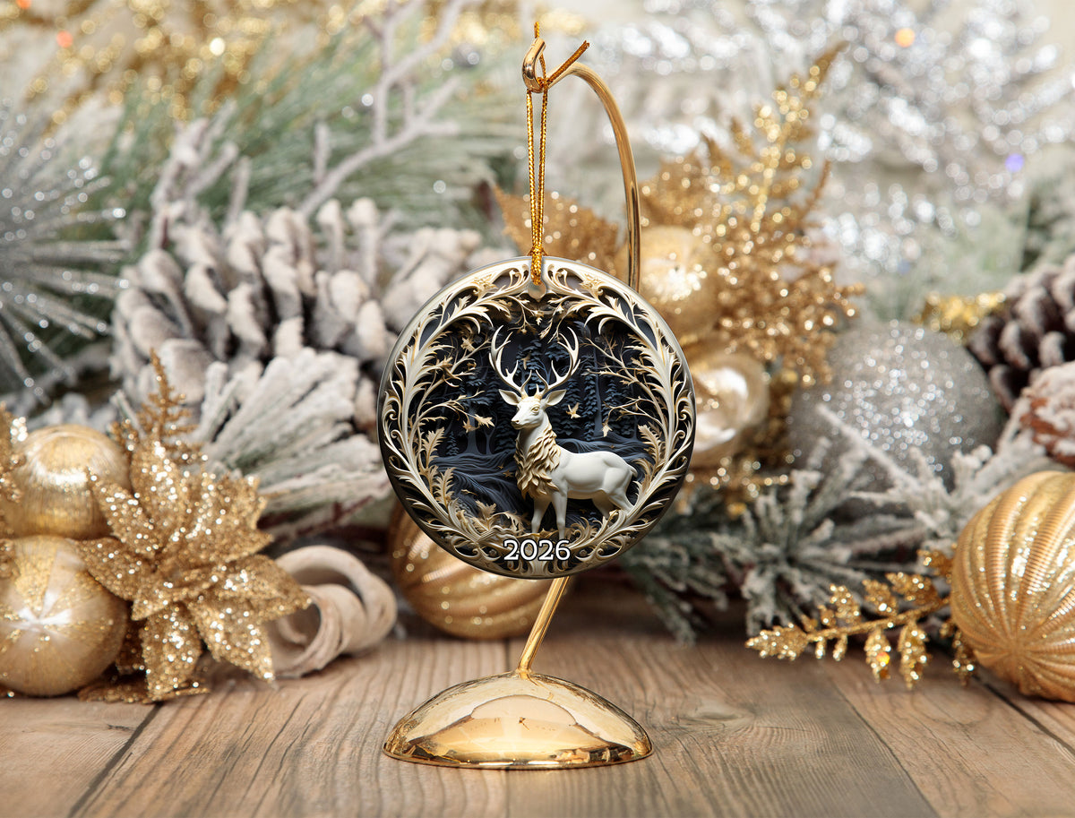 Fantasy Deer Ornament 2026, Woodland Christmas Ceramic Ornament, Elegant Stag Holiday Tree Decoration, Keepsake Gift for Christmas