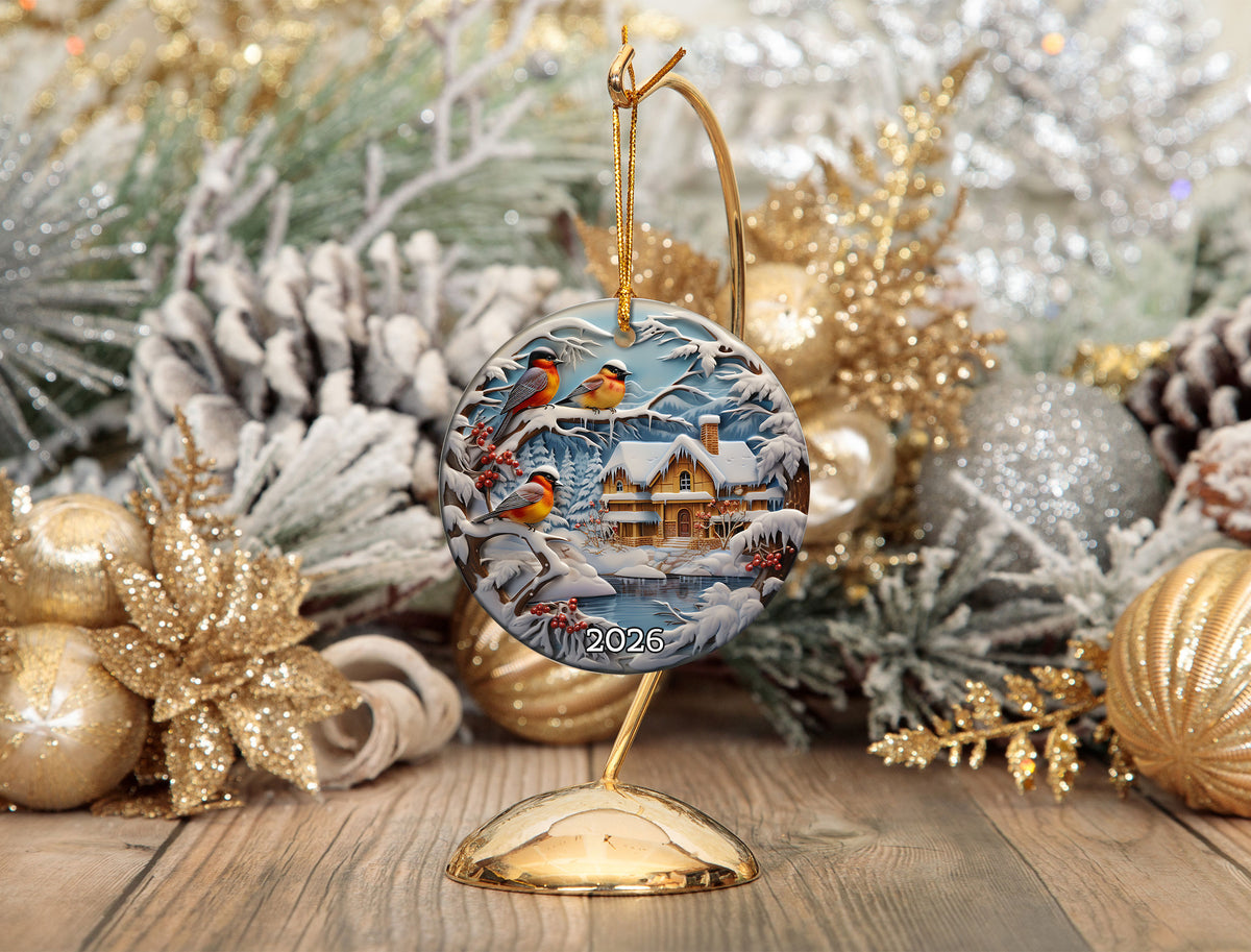 Winter Birds Christmas Ornament 2026, Snowy Cardinal Bird Cottage Ceramic Ornament, Rustic Cabin Holiday Tree Decor