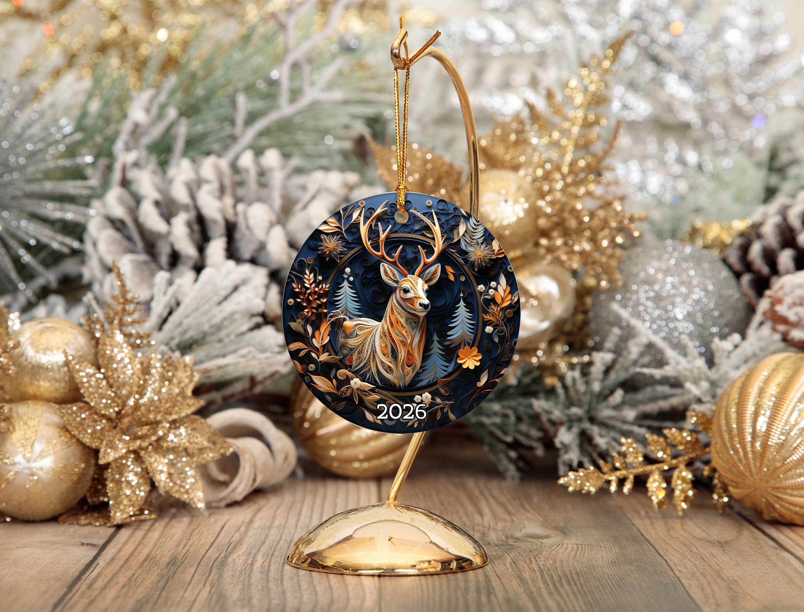Majestic Deer Ornament 2026, Woodland Christmas Ceramic Ornament, Rustic Holiday Tree Decoration, Christmas Keepsake Gift for Family