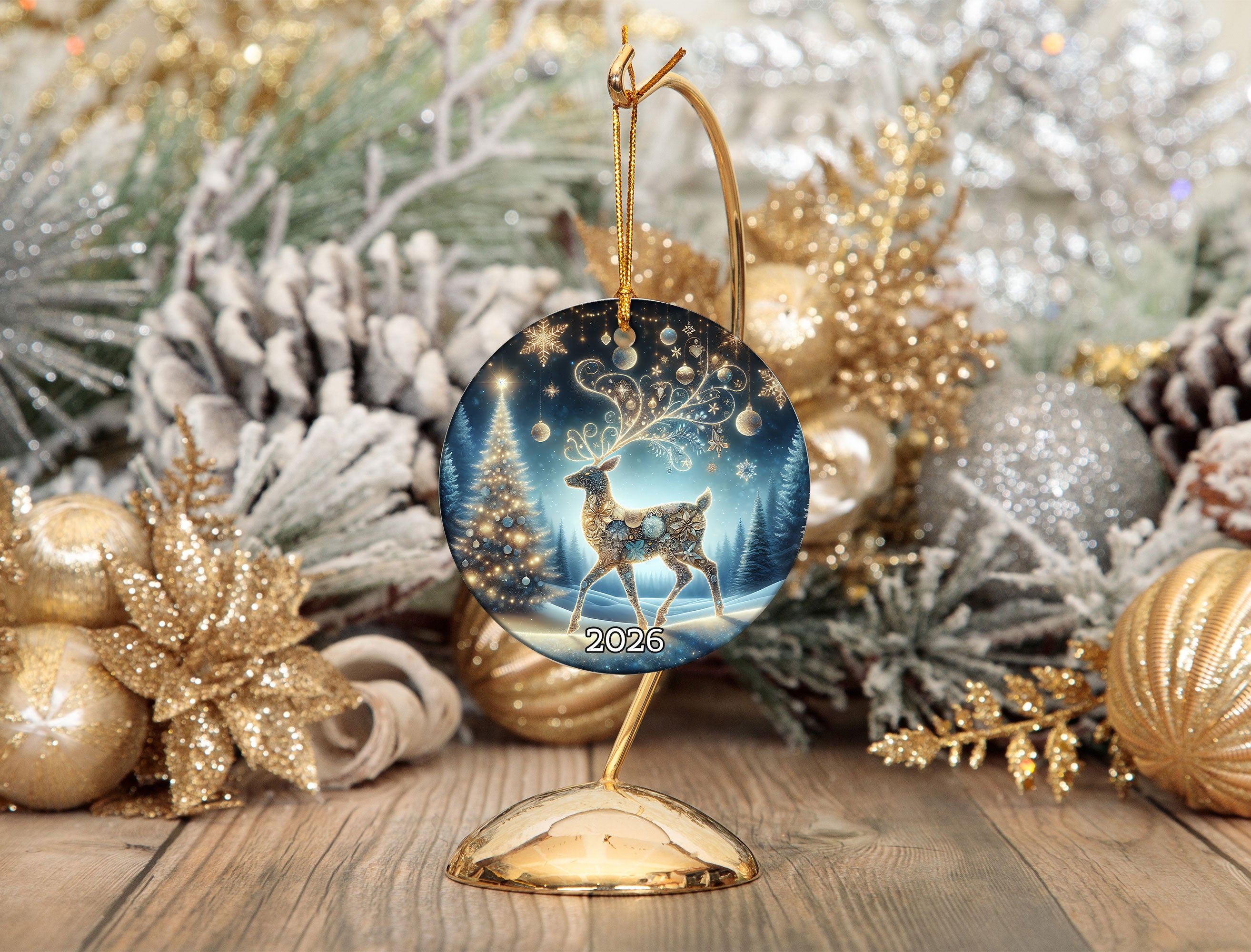 Elegant Deer Ornament 2026, Christmas Ceramic Ornament, Woodland Tree Decoration, Rustic Holiday Keepsake Gift for Family and Friends